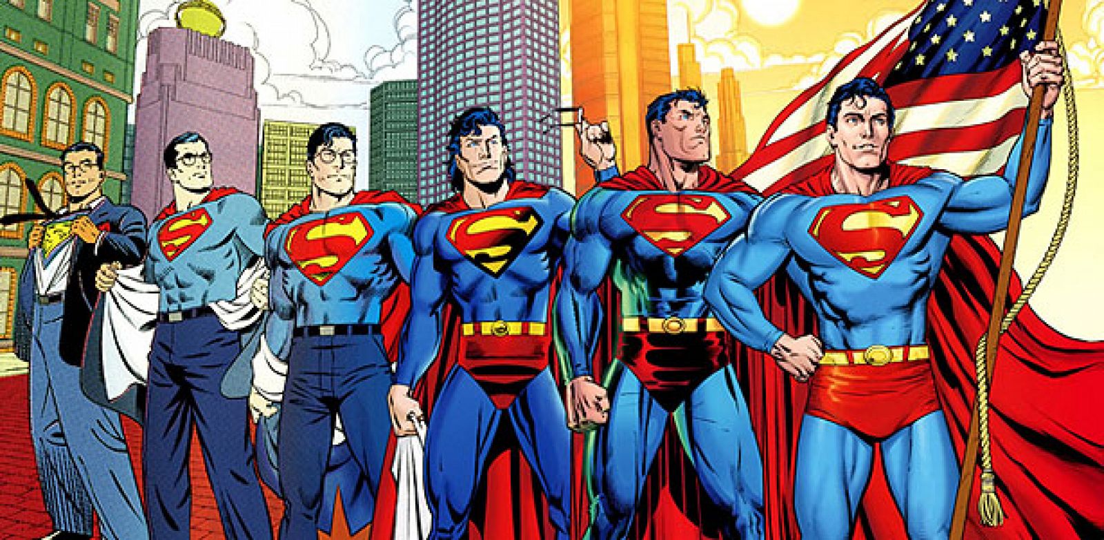 Ilustración que repasa algunas de las versiones de Superman en estos 75 años