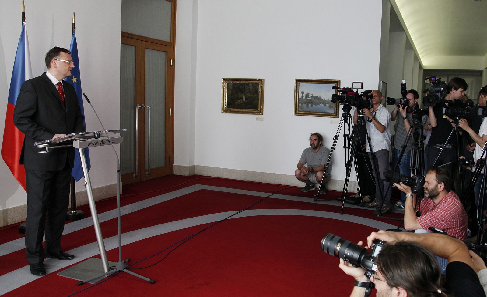 Czech Republic's PM Necas makes a statement at the Czech Government headquarters in Prague