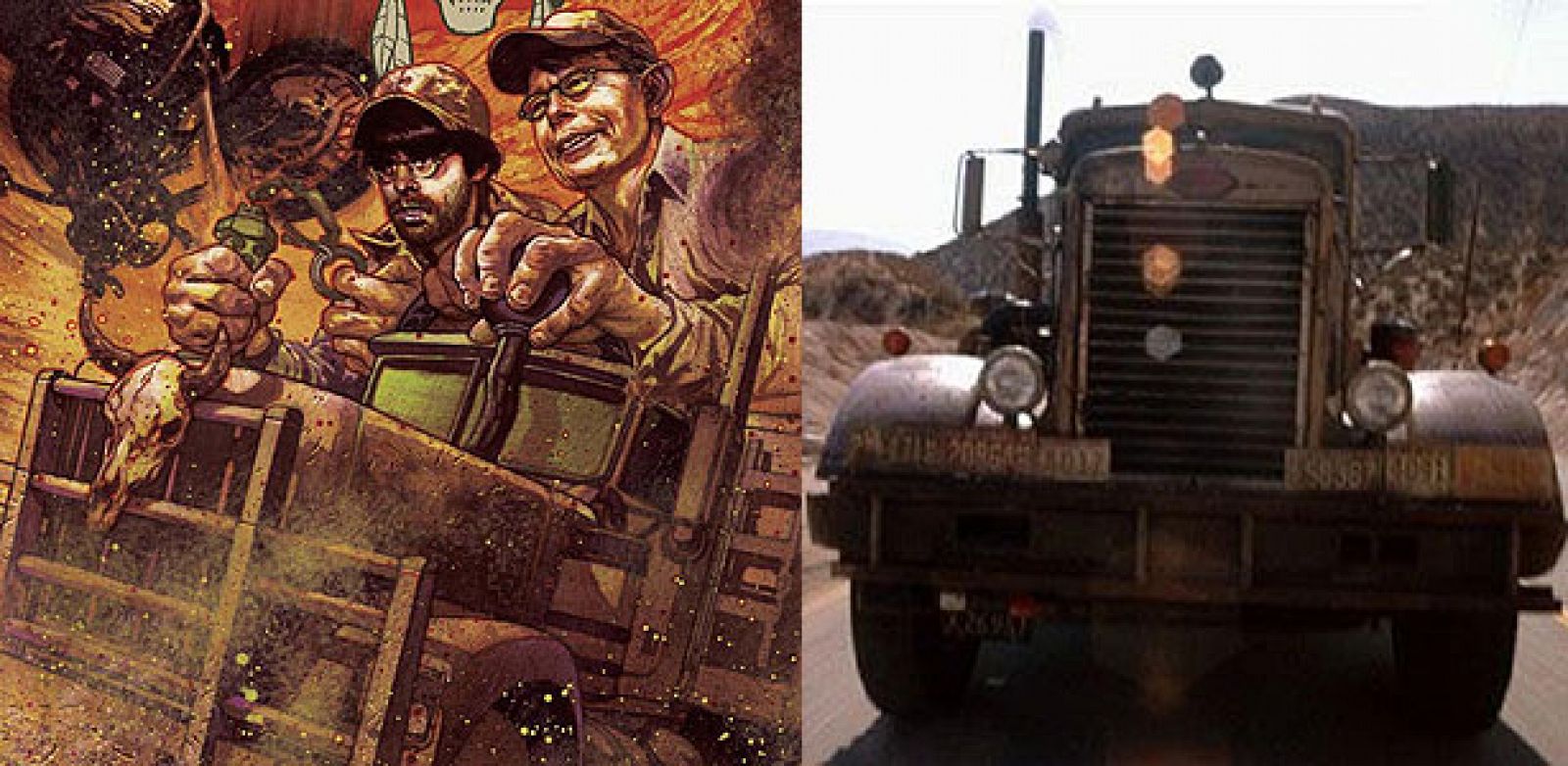 Fragmento de una portada de 'Road Rage' que muestra a Stephen King y a su hijo Joe Hill manejando el famoso camión y un fotograma de la película 'El diablo sobre ruedas', de Steven Spielbreg