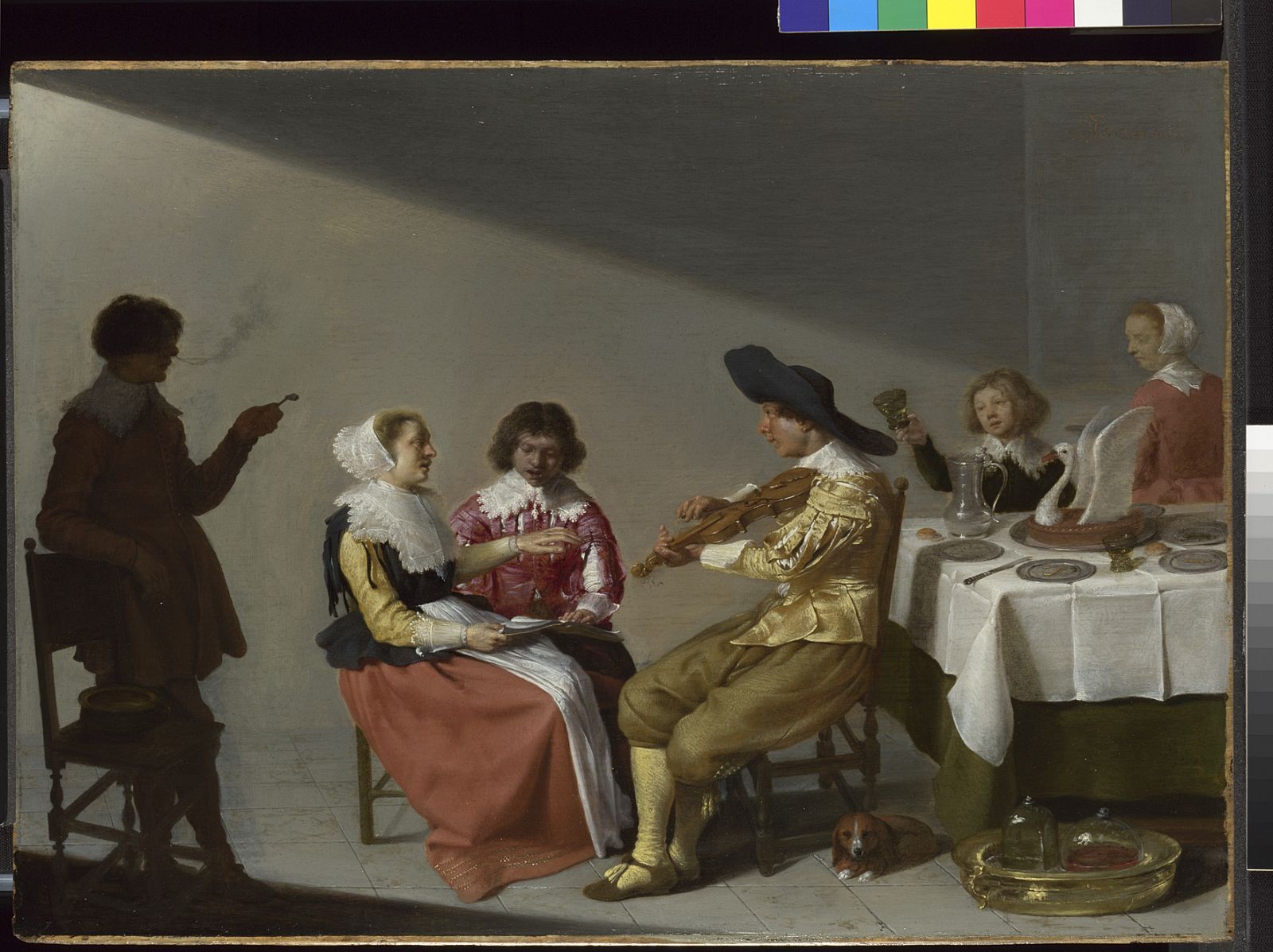 Este cuadro de Jacob van Velsen titulado Una fiesta musical es uno de los que acompaña a los lienzos de Vermeer en la muestra