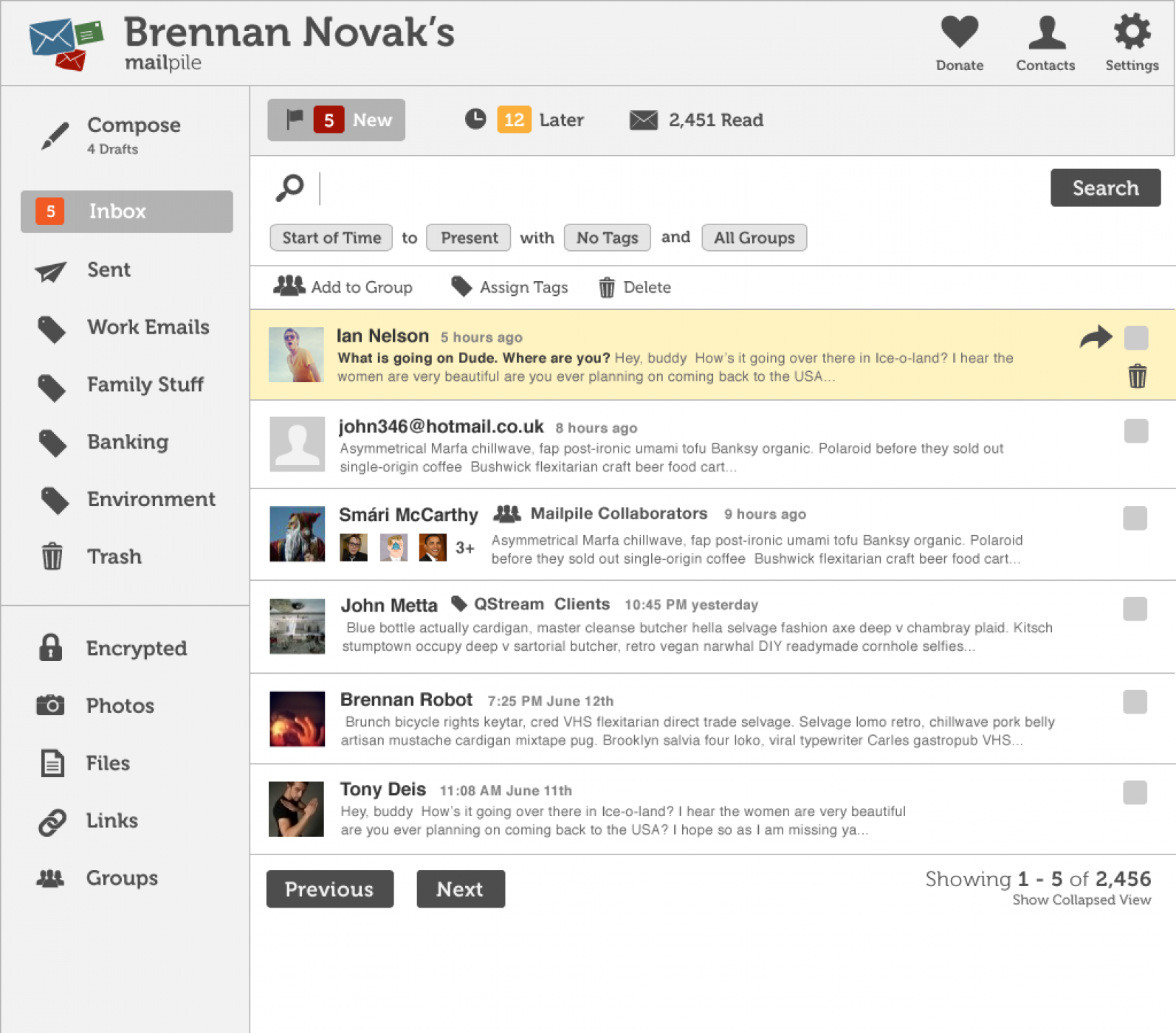 Vista de un wireframe de la bandeja de entrada de Mailpile con avatares.