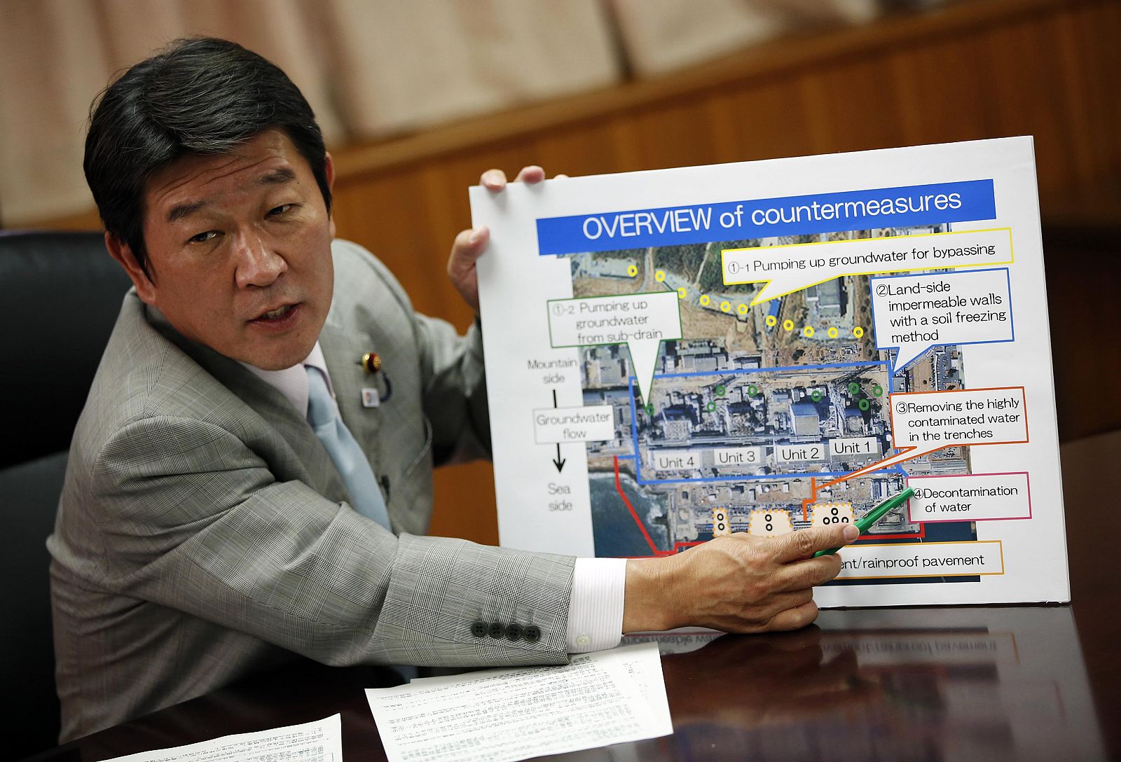 El ministro de Economía, Industria y Comercio de Japón, Toshimitsu Motegi, explica las contramedidas planificadas para subsanar las filtraciones de agua contaminada en la central nuclear de Fukushima