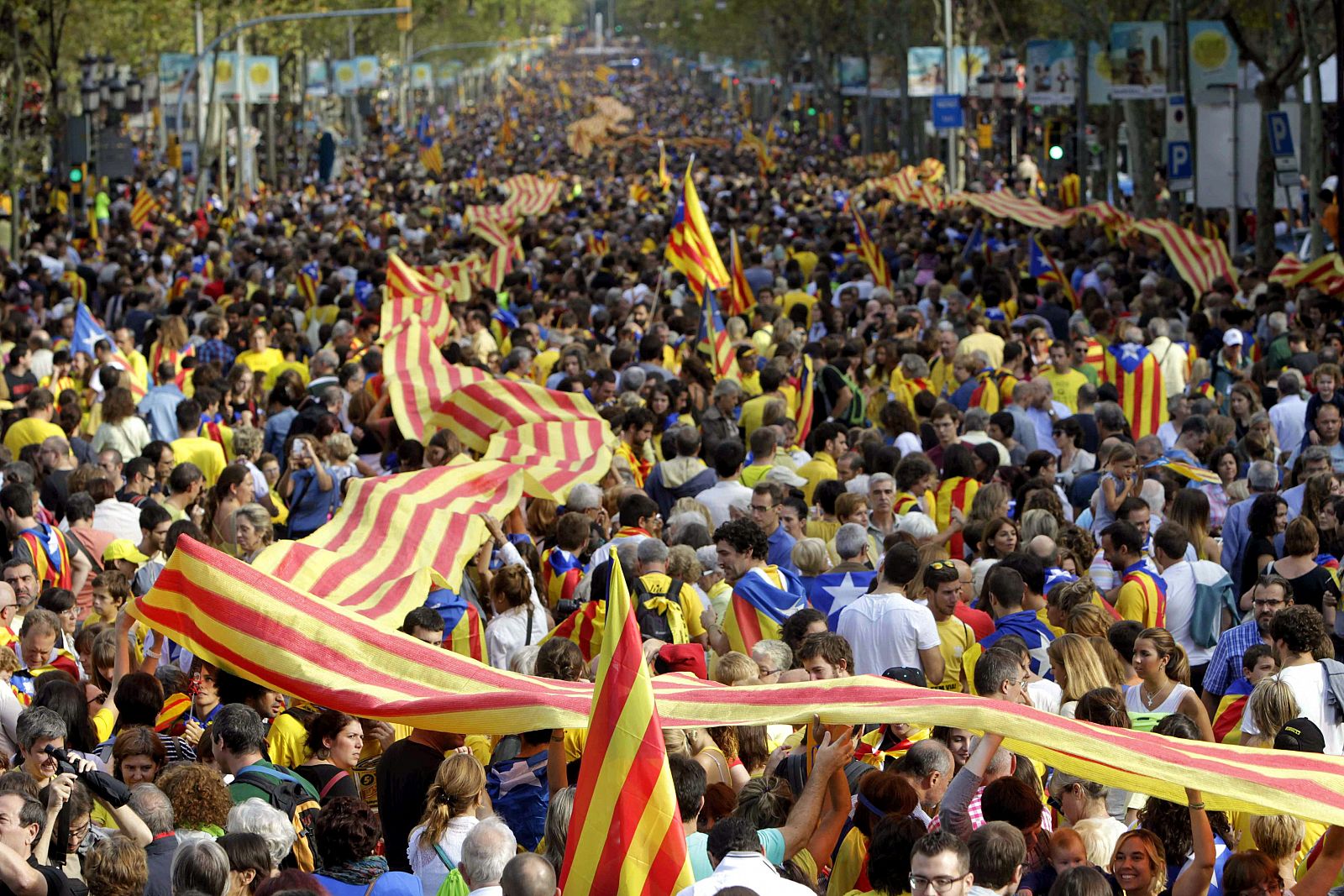 Miles de personas congregadas en el Paseo de Gracia, en Barcelona, participan en la cadena humana por la independencia convocada con motivo de la Diada de Cataluña.