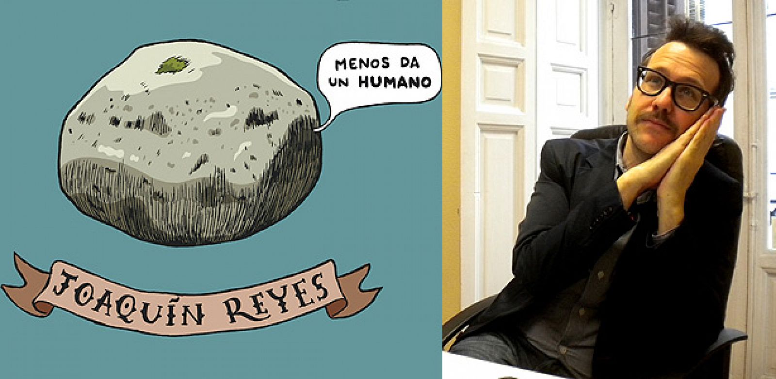 Joaquín Reyes y un fragmento de la portada de 'Realidad a la piedra'