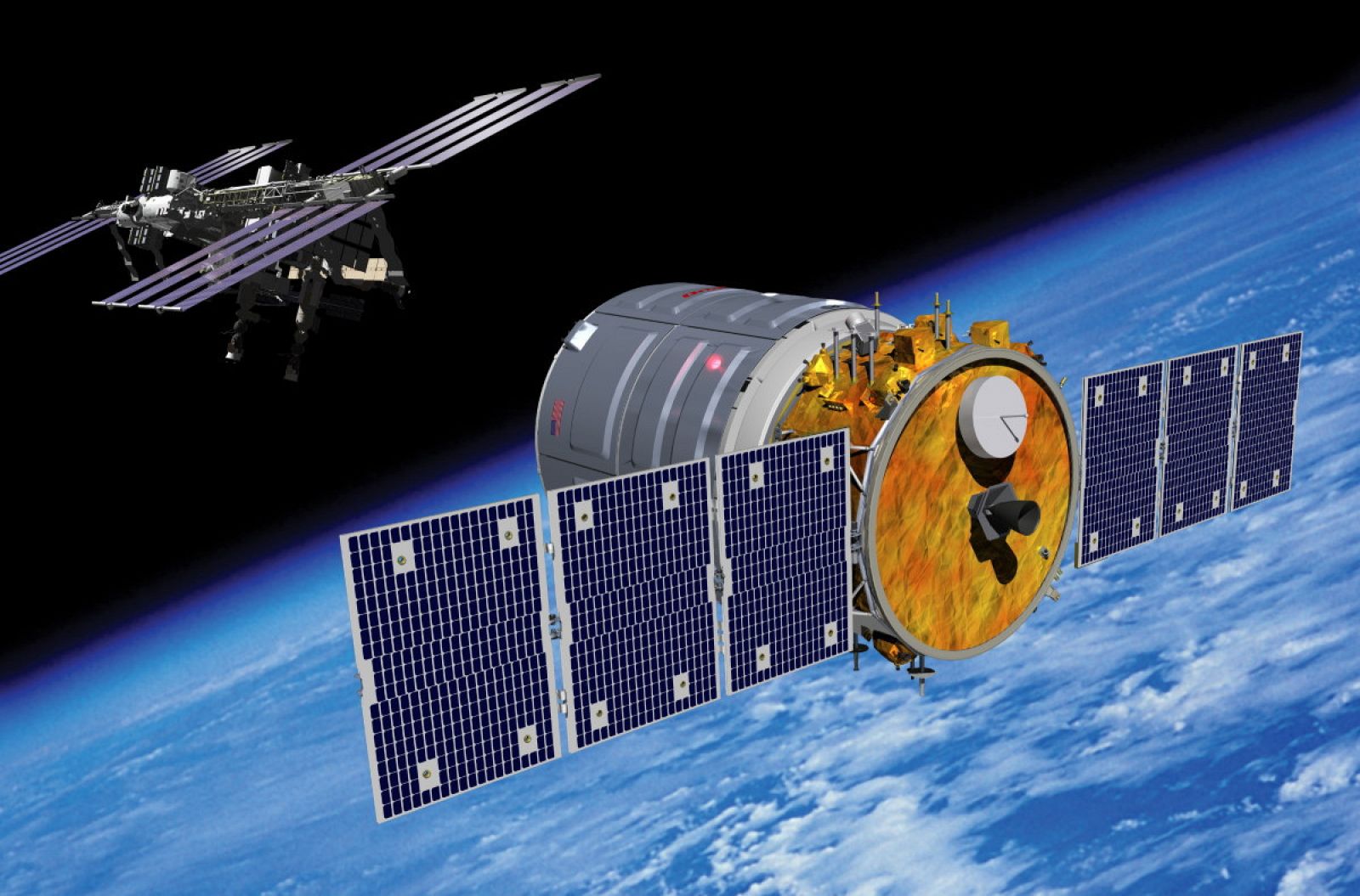 Impresión artística de la Cygnus aproximándose a la Estación Espacial Internacional