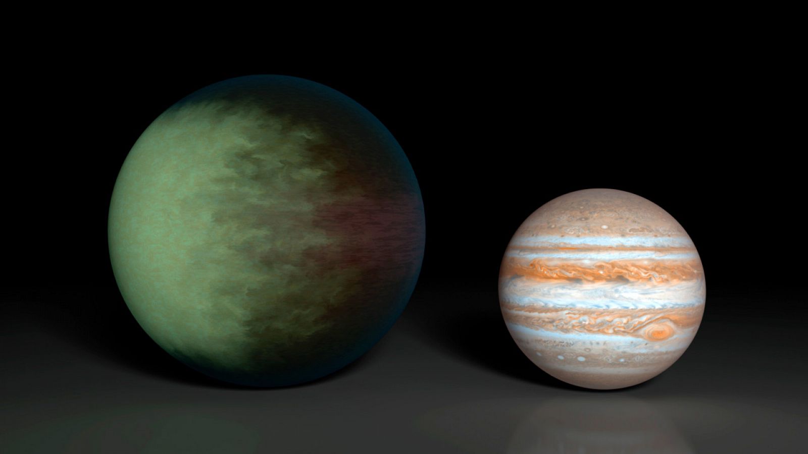 Impresión artística de Kepler-7b comparado con Júpiter