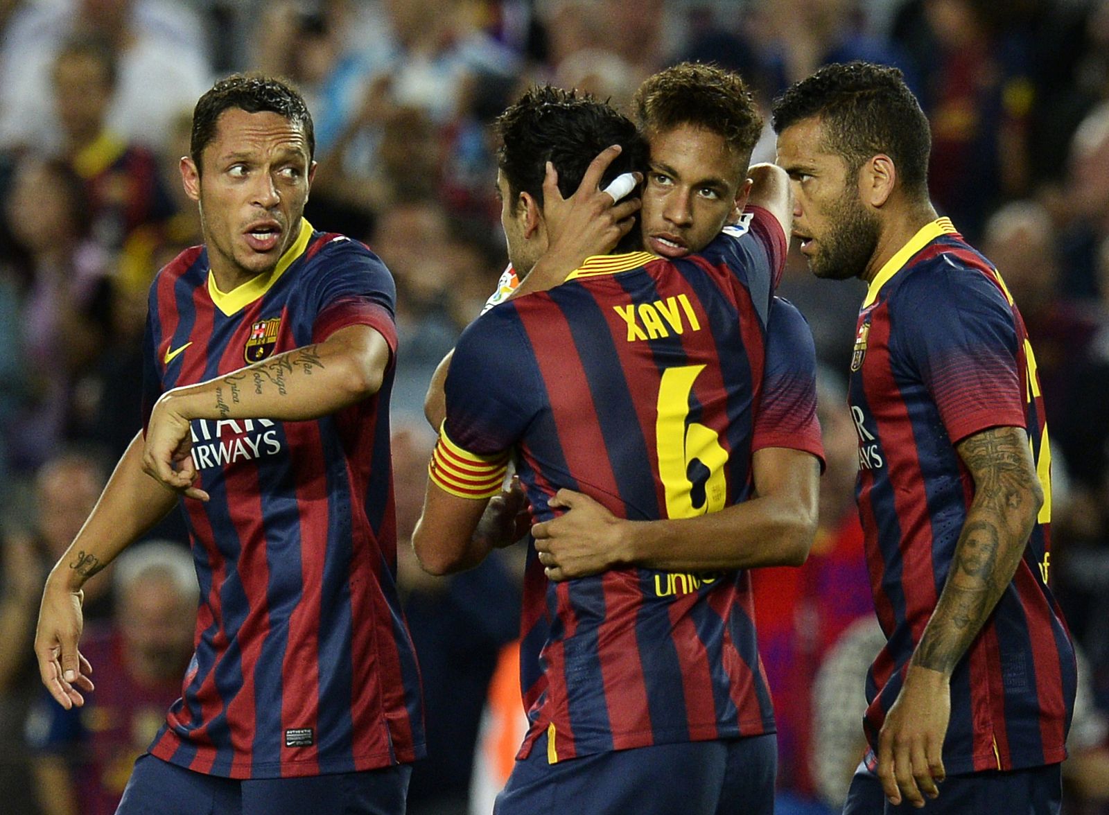 Los jugadores del Barça celebran uno de los cuatro goles anotados al Valladolid.