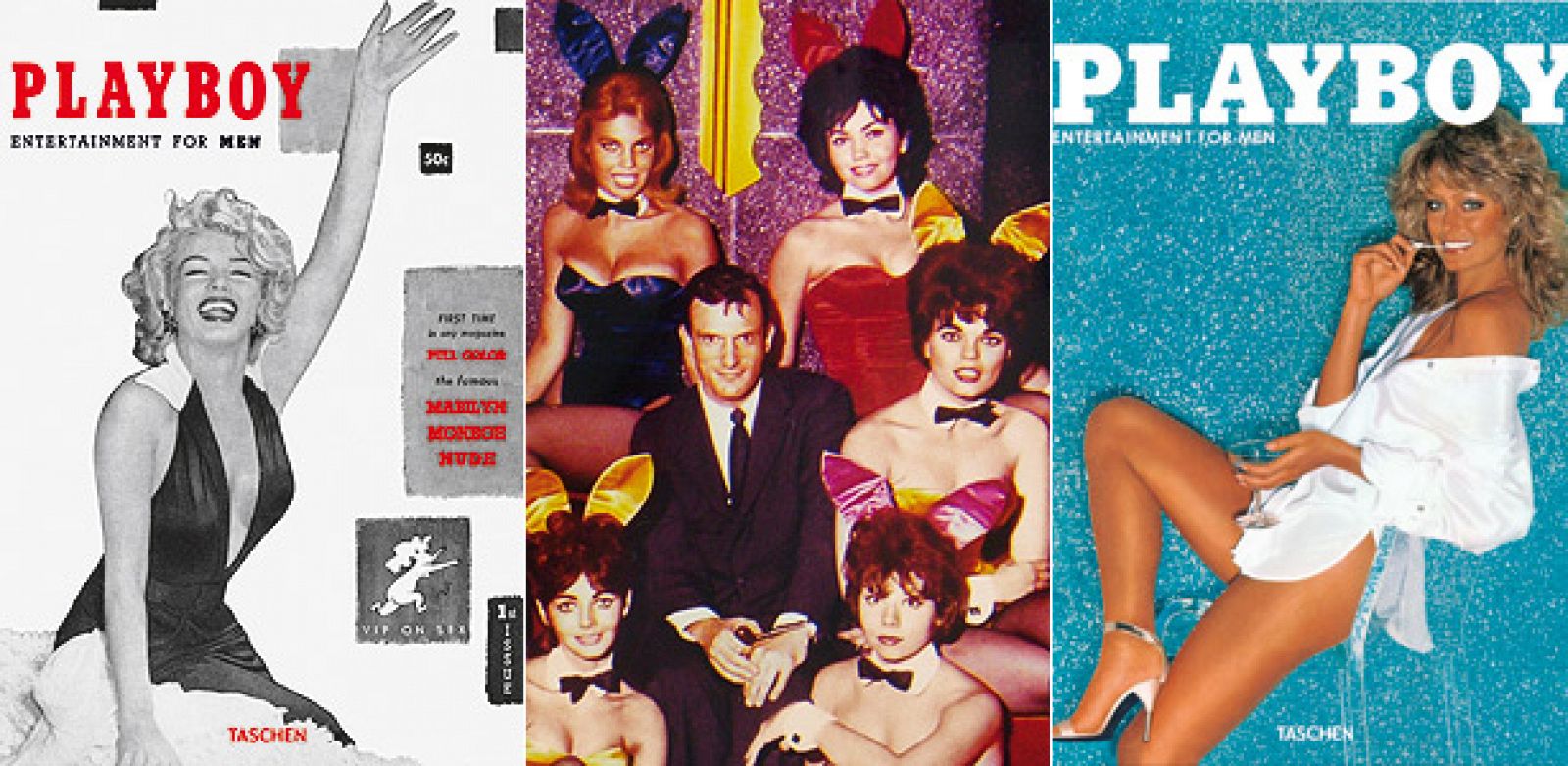 Hugh Hefner rodeado de sus "Conejitas" y flanqueado por dos de las portadas más famosas de 'Playboy', la del primer número, con Marilyn Monroe, y la del ejemplar protagonizado por Farrah Fawcett