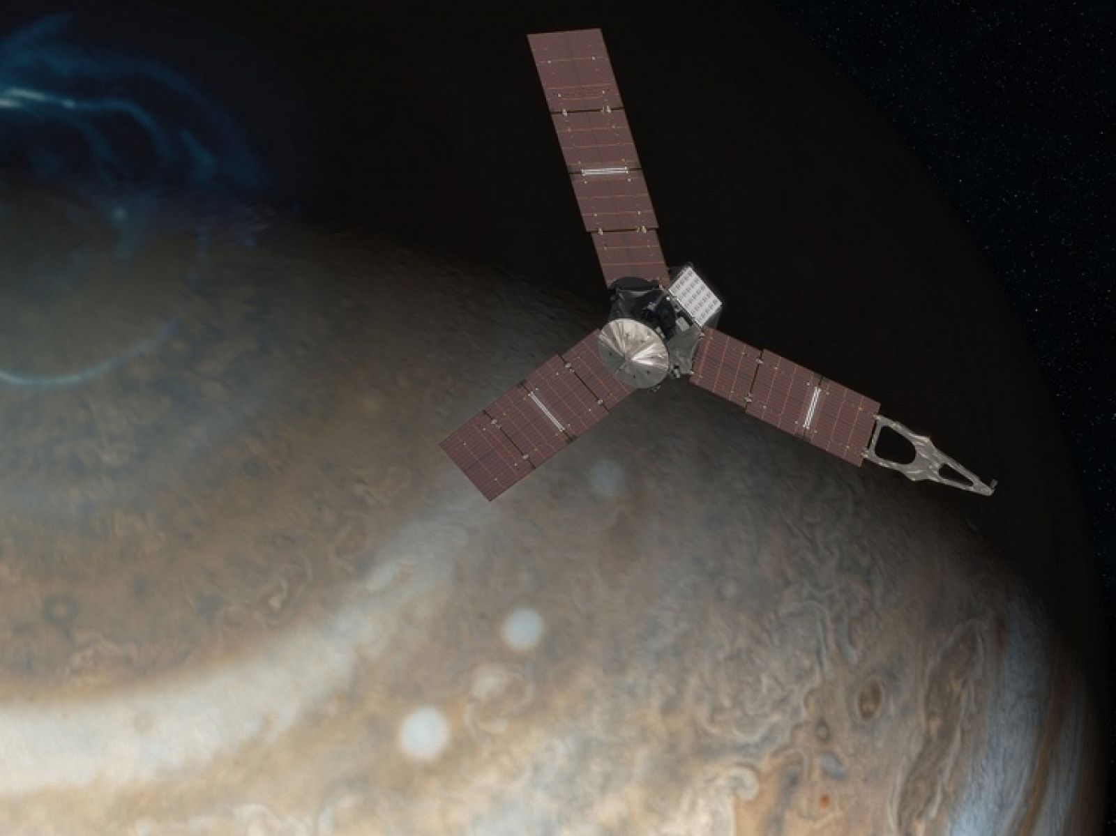 Impresión artística de Juno sobre uno de los polos de Júpiter
