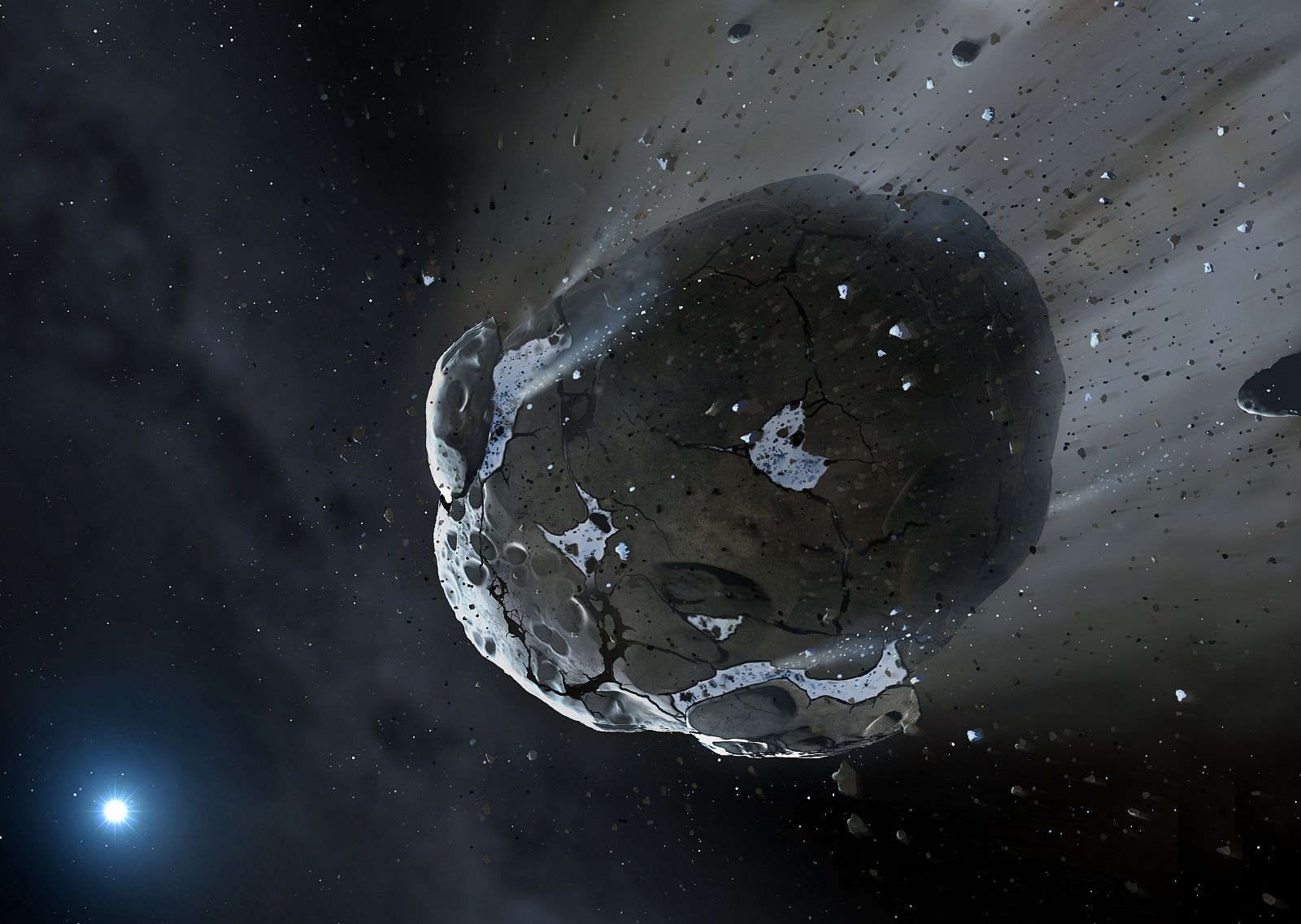 Ilustración artística de la imagen obtenida por Warwick y Cambridge del asteroide rico en agua