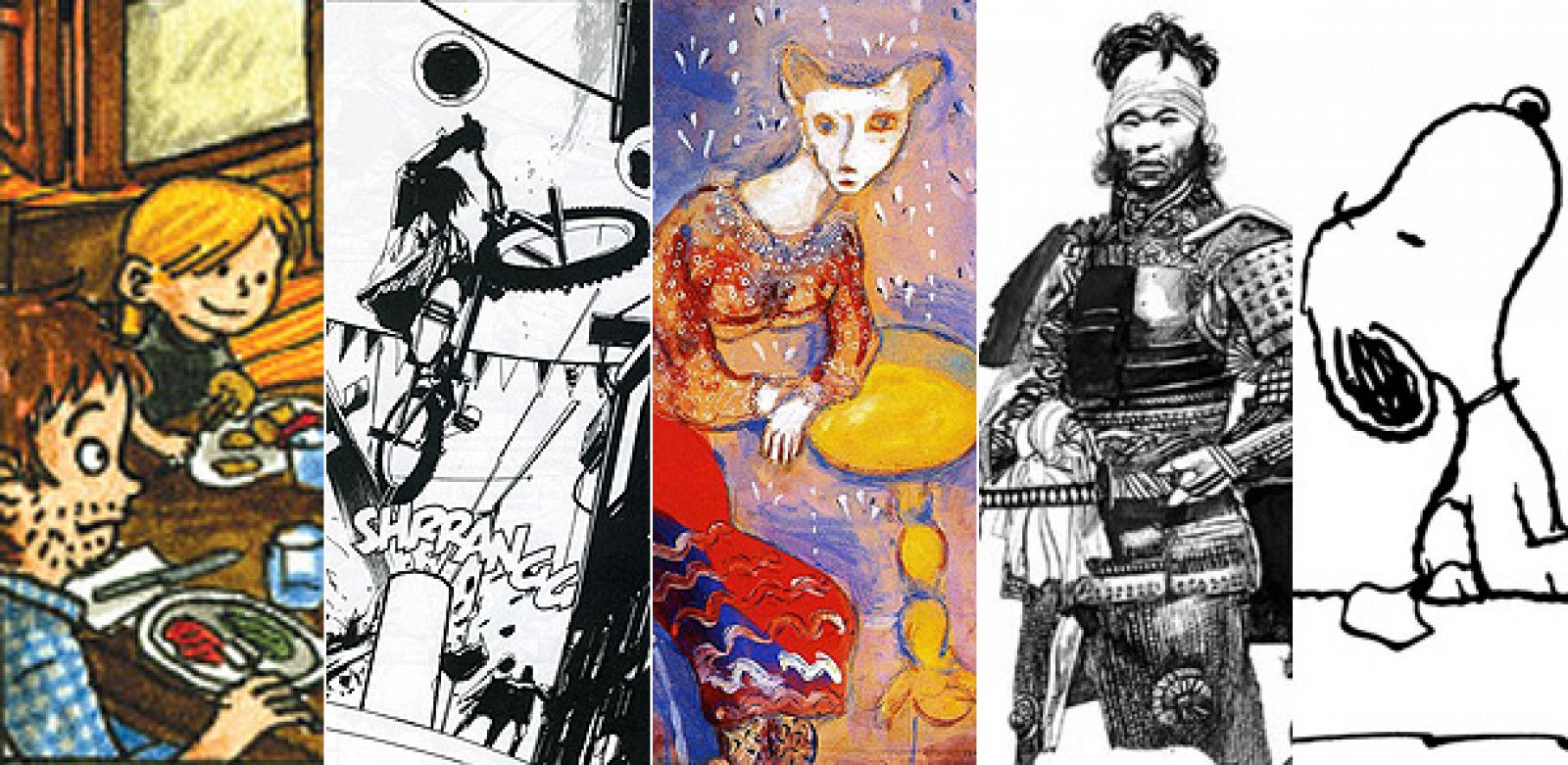 Fragmentos de ilustraciones de 'De padres e hijos', 'La instantánea', 'Linea Curve' (Chagall), Sergio Toppi y Snoopy
