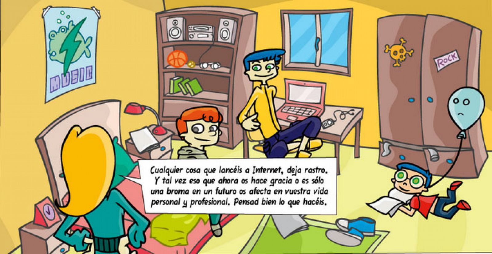 Imagen del cómic en la que una madre da consejos a sus hijos sobre Internte.