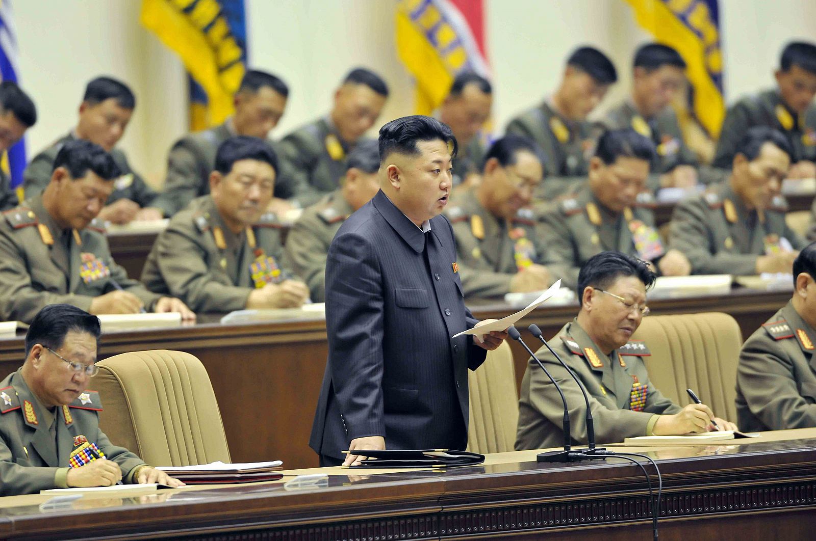 North Korean leader Kim Jong-un speaks during the fourth meeting of company commanders and political instructors of the Korean People's Army in this undated photo released by North Korea's Korean Central News Agency (KCNA) in Pyongyang