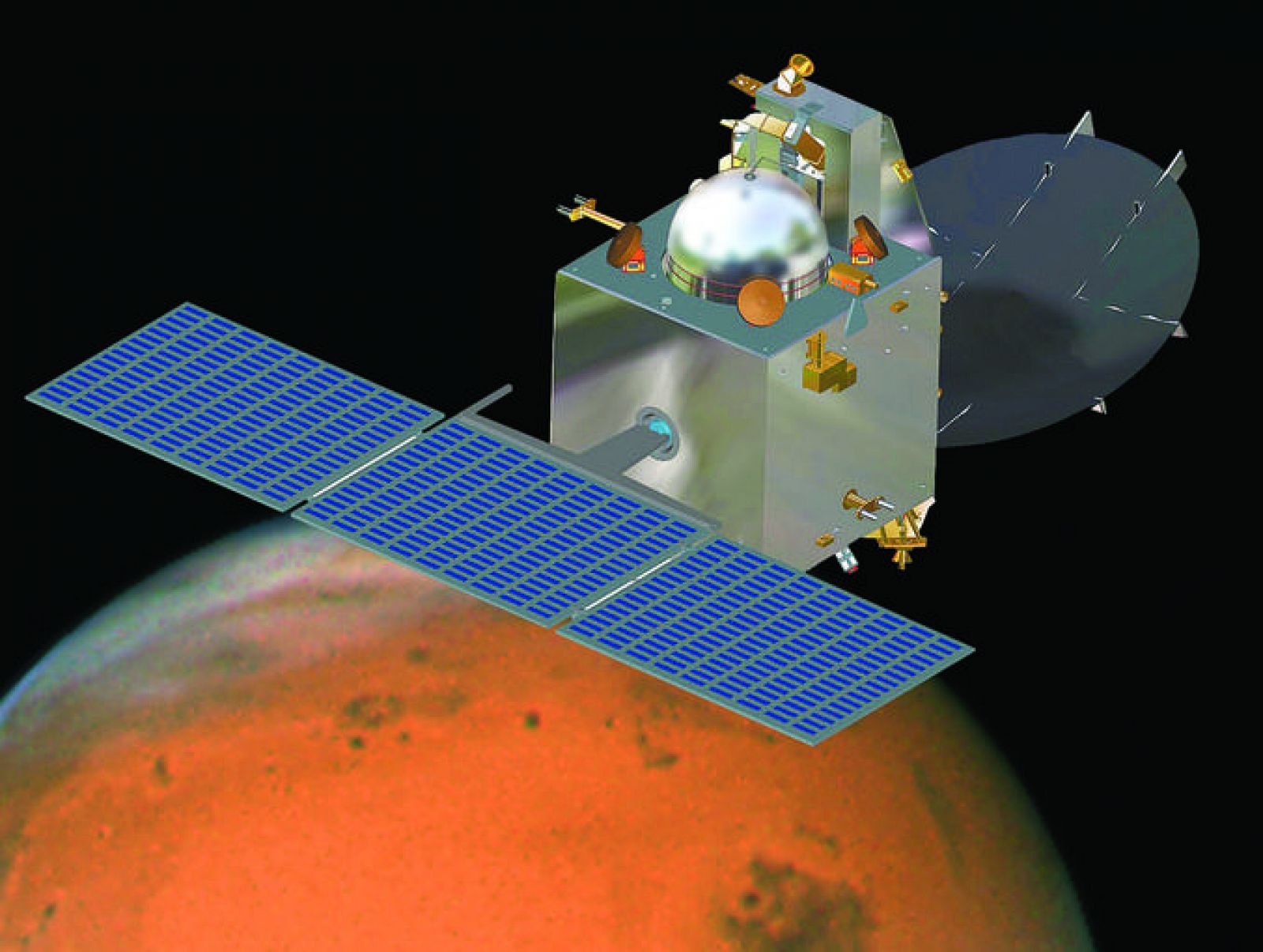 Impresión artística de la MOM en órbita alrededor de Marte