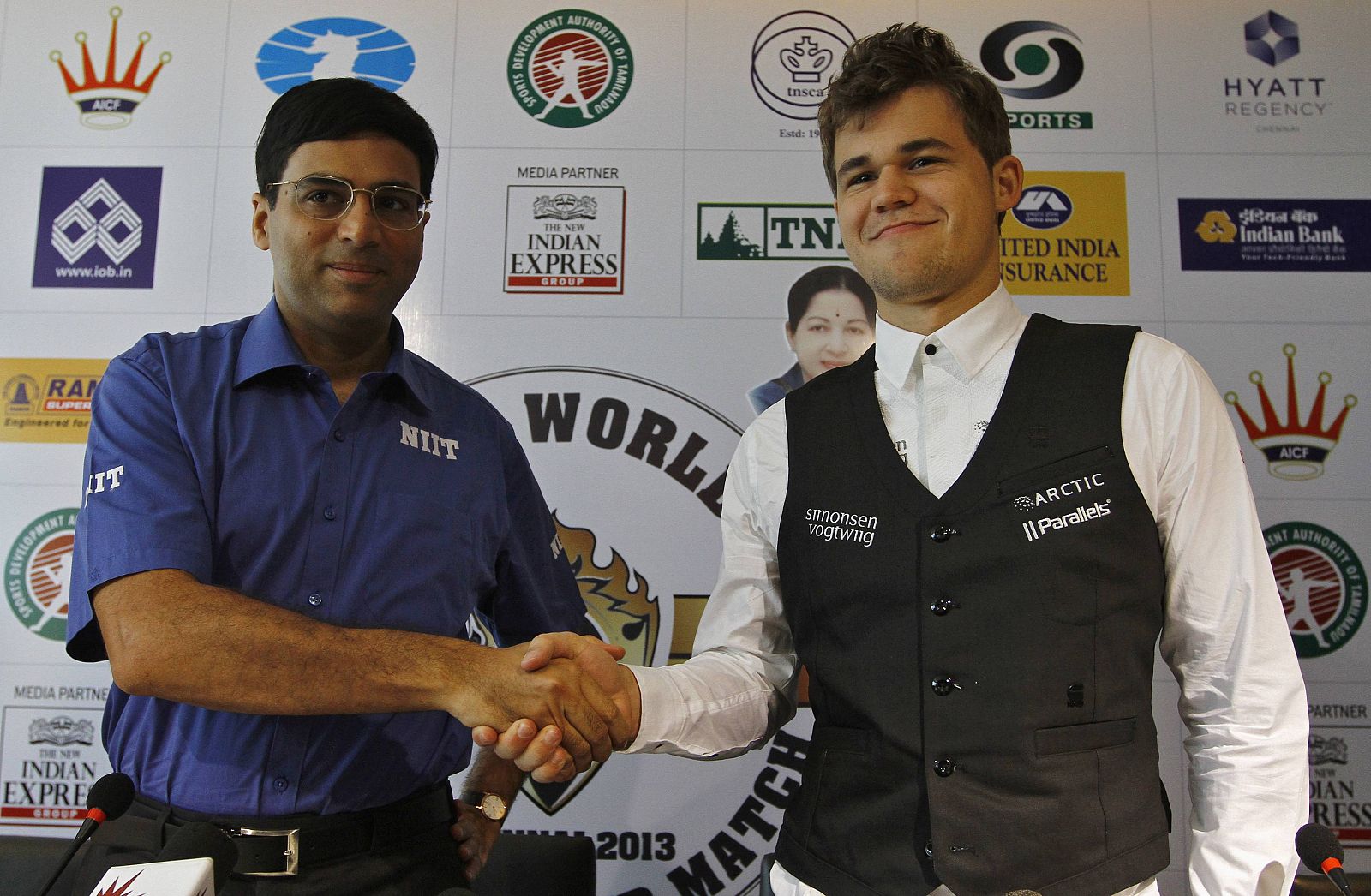 Anand y Carlsen, en la presentación del Mundial.