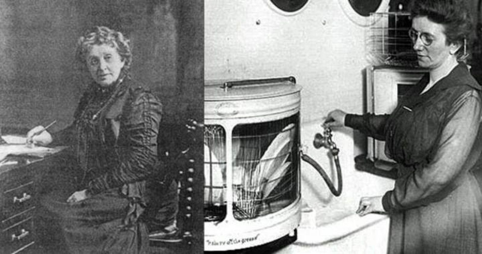  La inventora (izq.) y mujer probando uno de los primeros lavavajillas (drcha.)