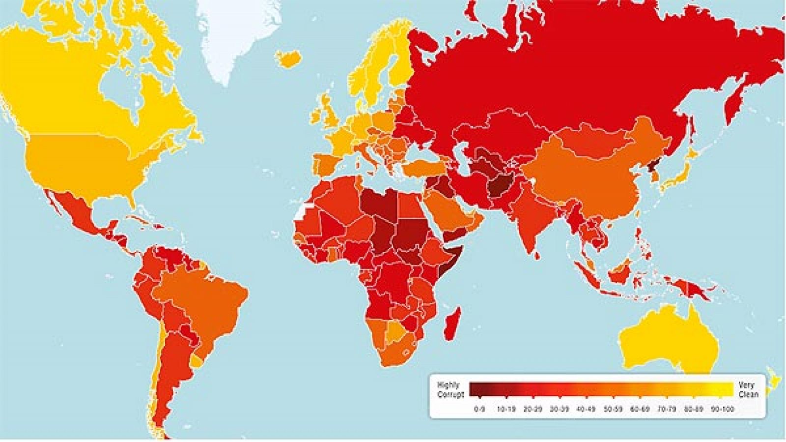 Mapa de la percepción de la corrupción en el mundo. En amarillo, los países percibidos como más transparentes, y en rojo los más corruptos (fuente: Transparencia Internacional)