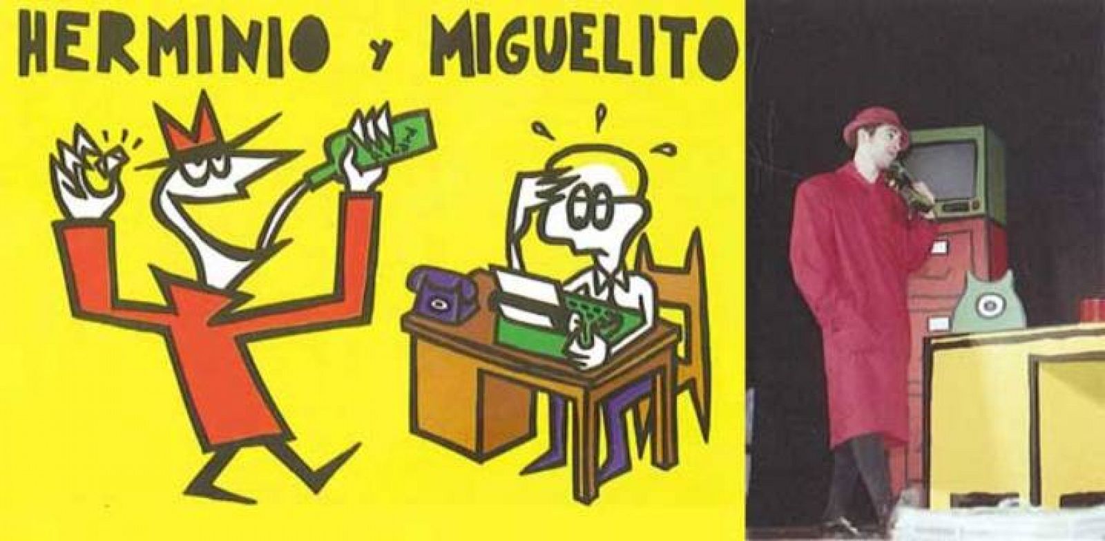 Fragmento del cartel de la obra 'Herminio y Miguelito' y una foto de la representación