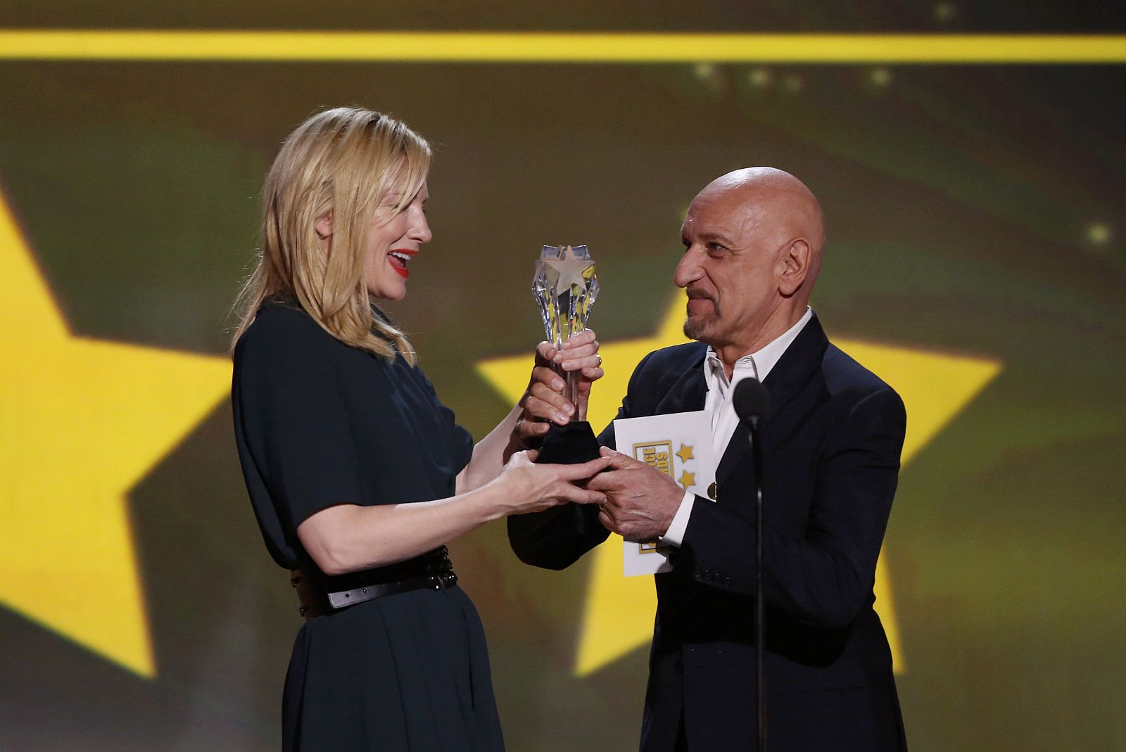 Ben Kingsley presents actress Cate Blanchett the award for best actress at the 19th annual Critics' Choice Movie Awards in Santa Monica