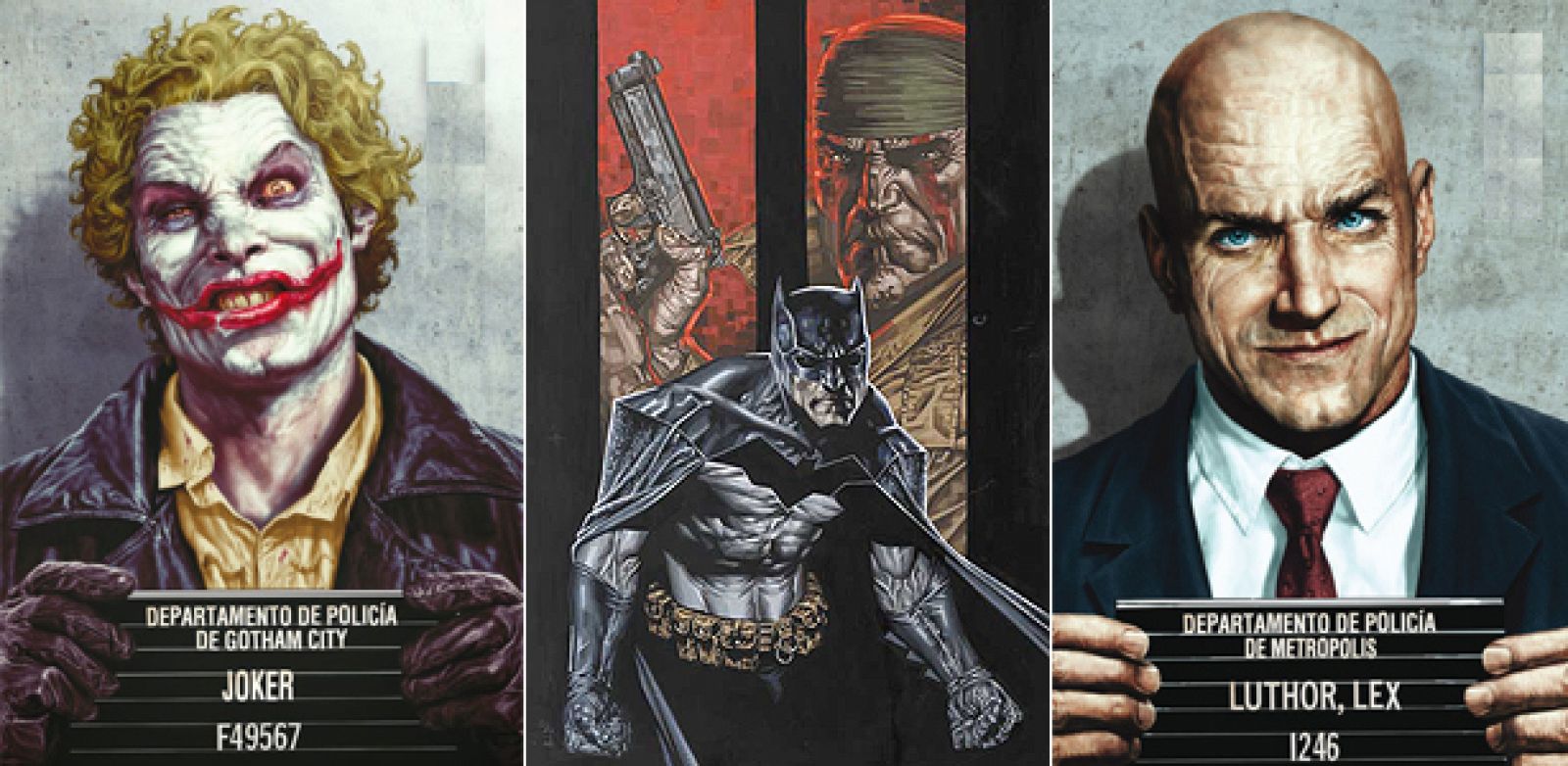 Portadas de 'Joker' y 'Lex Luthor' e ilustración de 'Batman: Fuego cruzado'