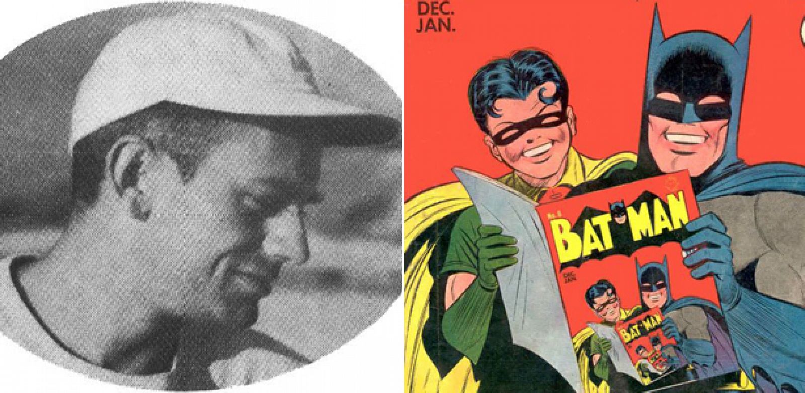 Bill Finger y fragmento de una portada de 'Batman' de los años 40