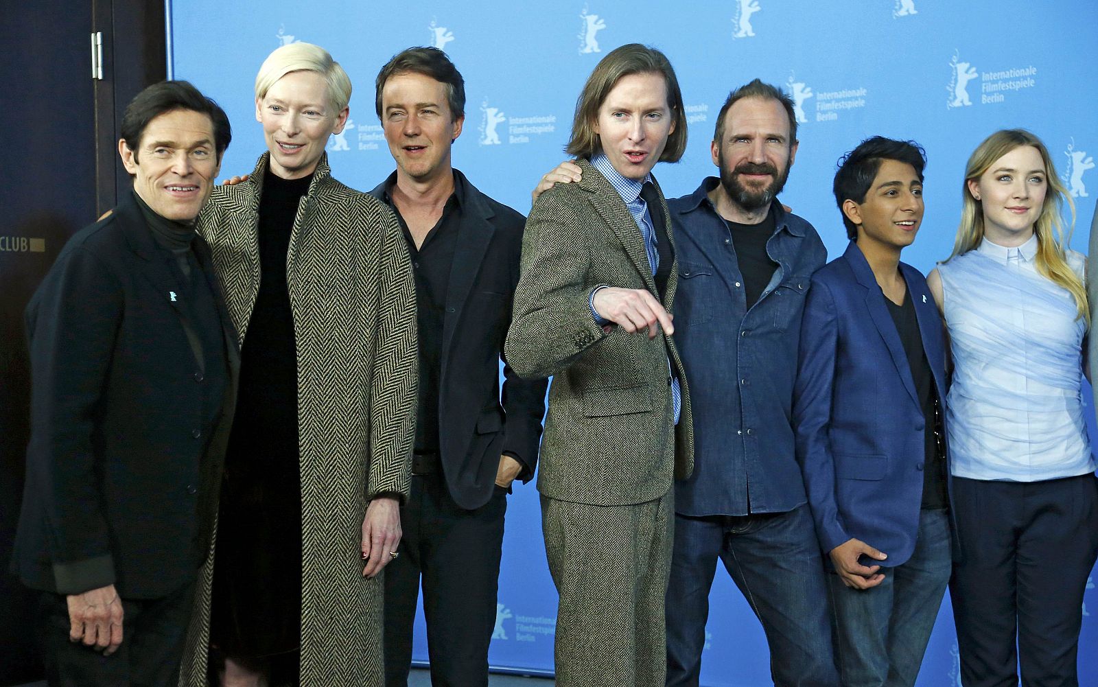 Actors Dafoe, Swinton, Norton, director Anderson, Fiennes, Revolori and Ronan pose to promote the movie "The Grand Budapest Hotel" at the 64th Berlinale International Film Festival in Berlin