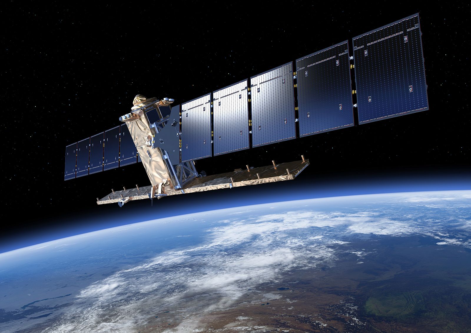 Ilustración del satélite Sentinel-1A a 700 kilómetros de la superficie terrestre.