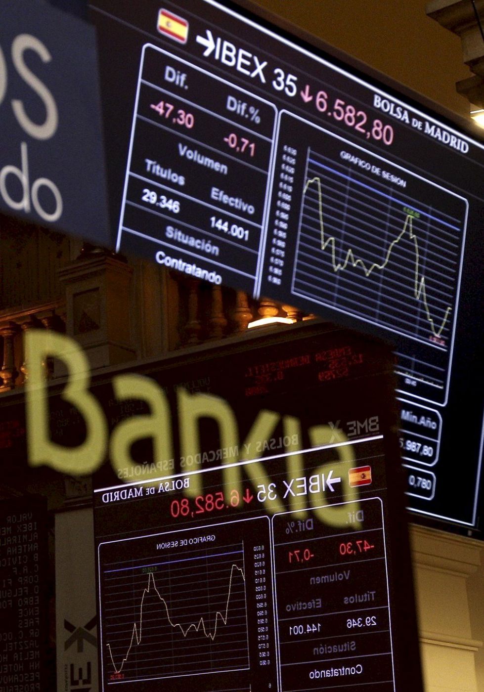 La marca Bankia, reflejada en el panel informativo de la Bolsa de Madrid