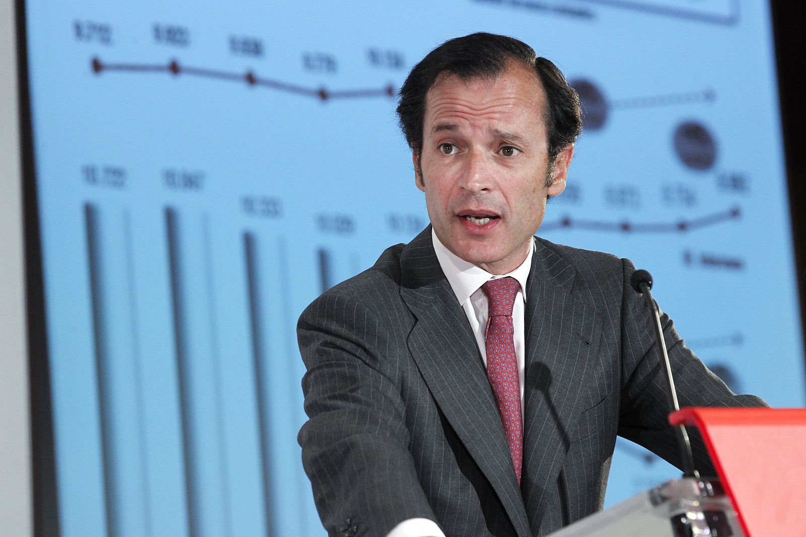 El consejero delegado del Banco Santander, Javier Marín, durante la presentación de los resultados del primer trimestre