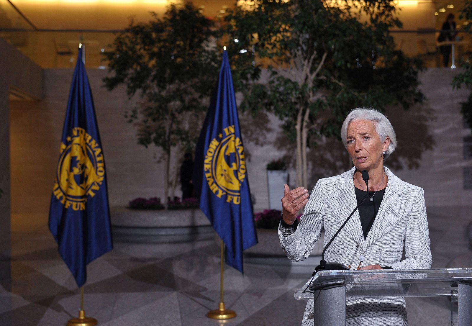 La presidenta del FMI, Christine Lagarde, en rueda de prensa después de una reunión de la institución sobre Ucrania.
