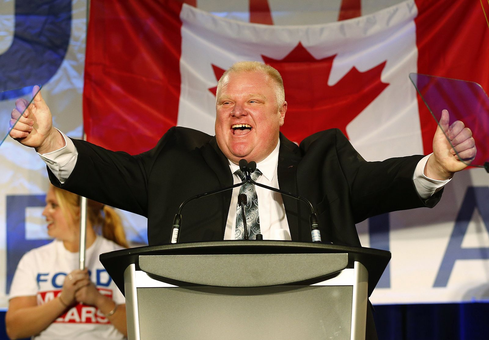 El alcalde de Toronto, Rob Ford, durante el acto de presentación de su campaña a la reelección como alcalde de la ciudad.
