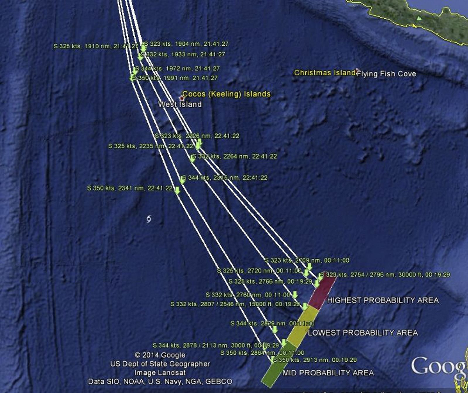 Un mapa realizado por el Ministerio de Transporte muestra los posibles caminos trazados por el vuelo MH370