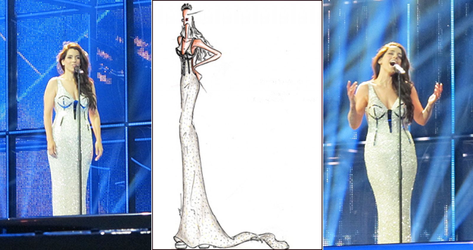 Ruth Lorenzo en el primer ensayo con el vestido que llevará en la final de Eurovisión. Al lado, el boceto de Anmargo.
