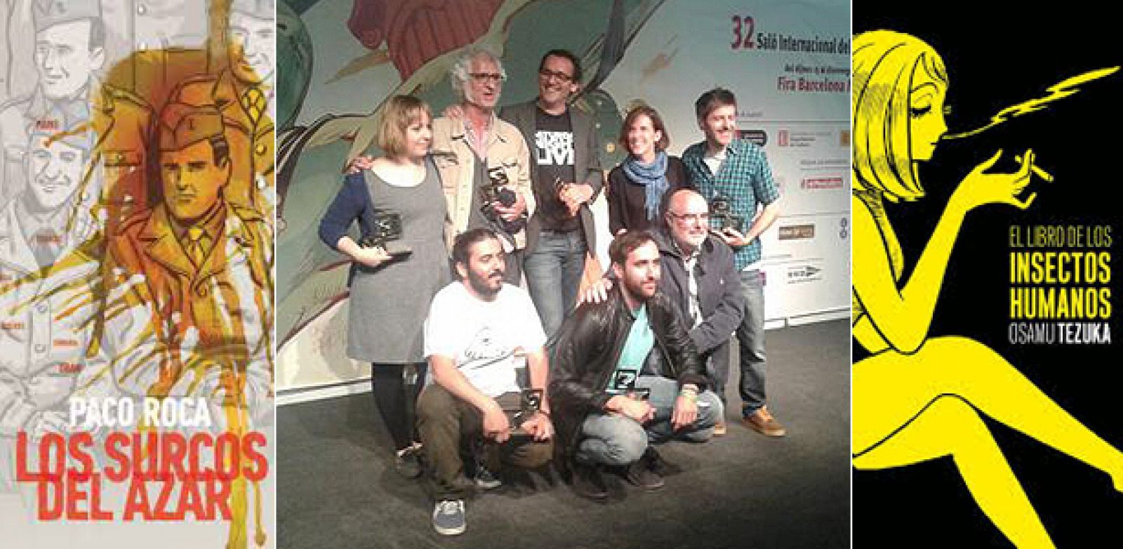 Fragmentos de las portadas de 'Los surcos del azar' y 'El libro de los insectos humanos'. En el centro, los ganadores del Salón del Cómic de Barclona, 2014