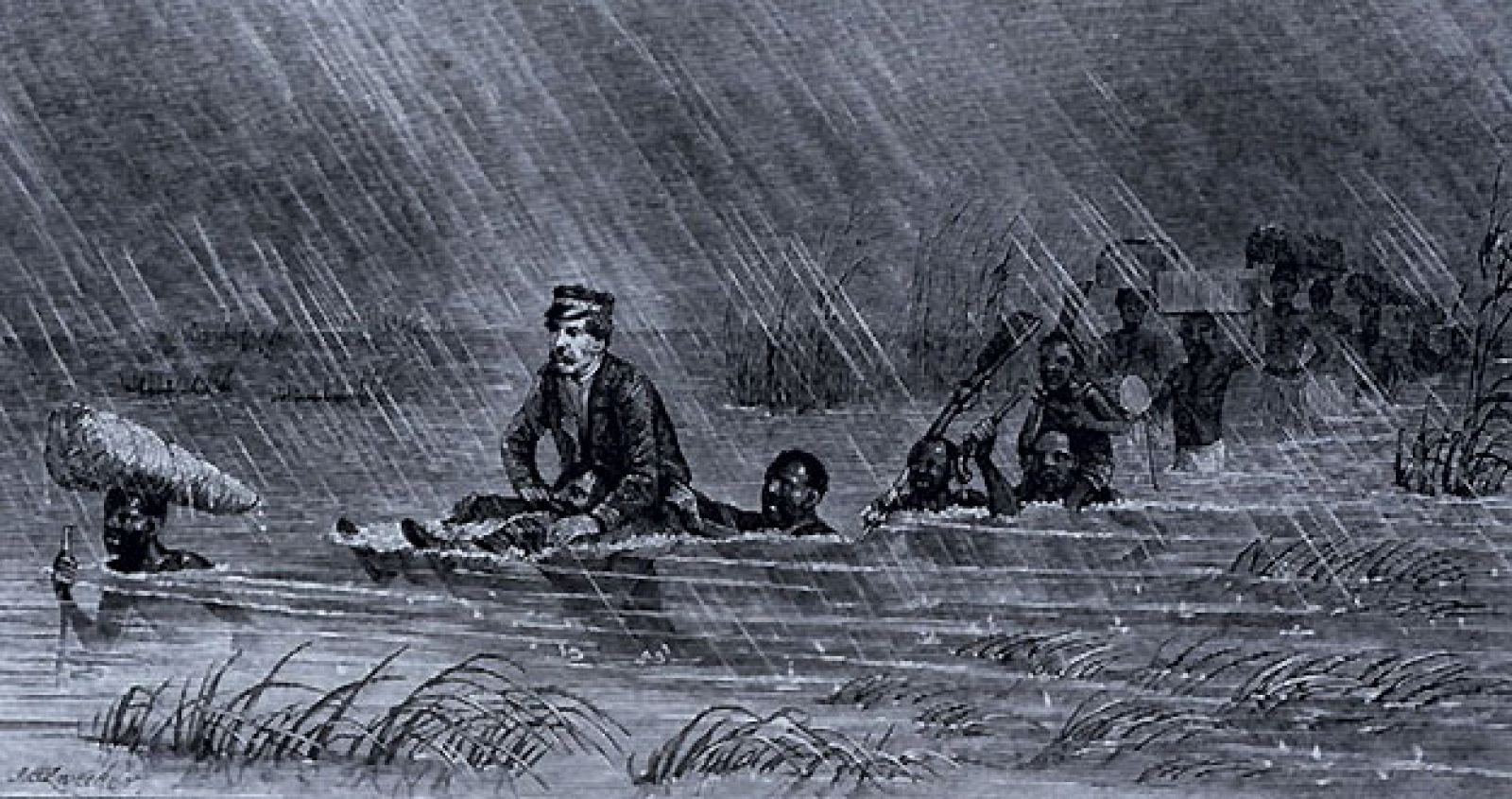 El explorador David Livingstone, con fiebre, es ayudado a cruzar un río