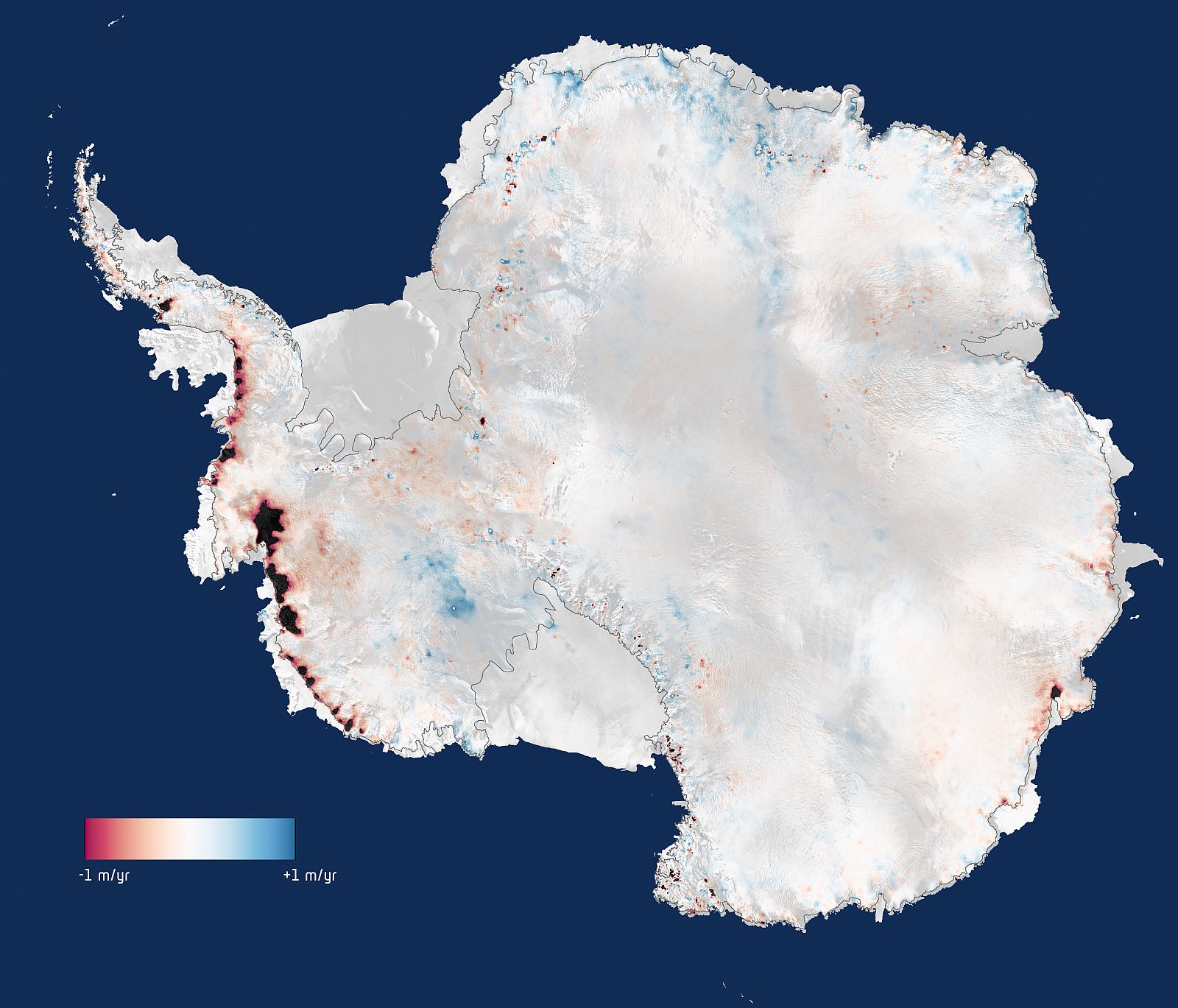 Mapa con la zona destacada en negro y rojo de la pérdida de hielo.