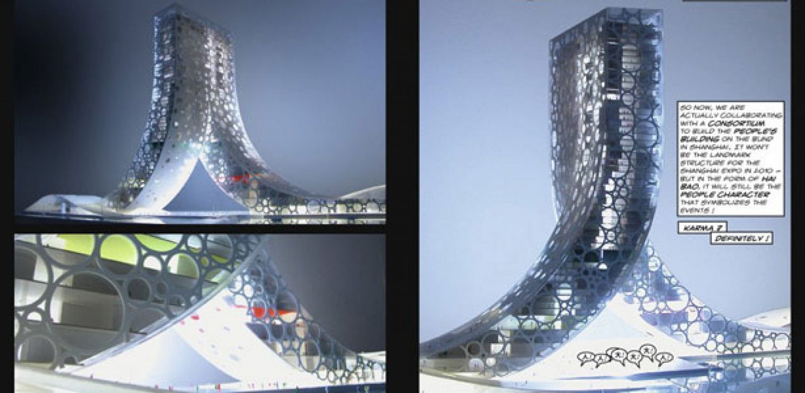 Viñetas del libro 'Yes is more', con el diseño para el 'Edificio del pueblo' de Shangái