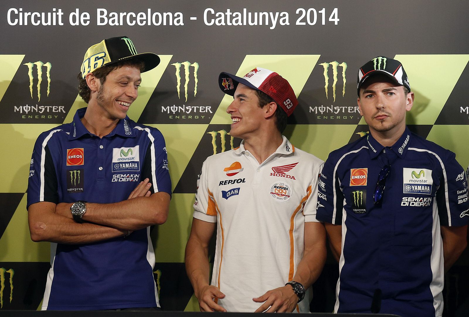 Valentino Rossi, Marc Márquez y Jorge Lorenzo, en la rueda de prensa del GP de Catalunya