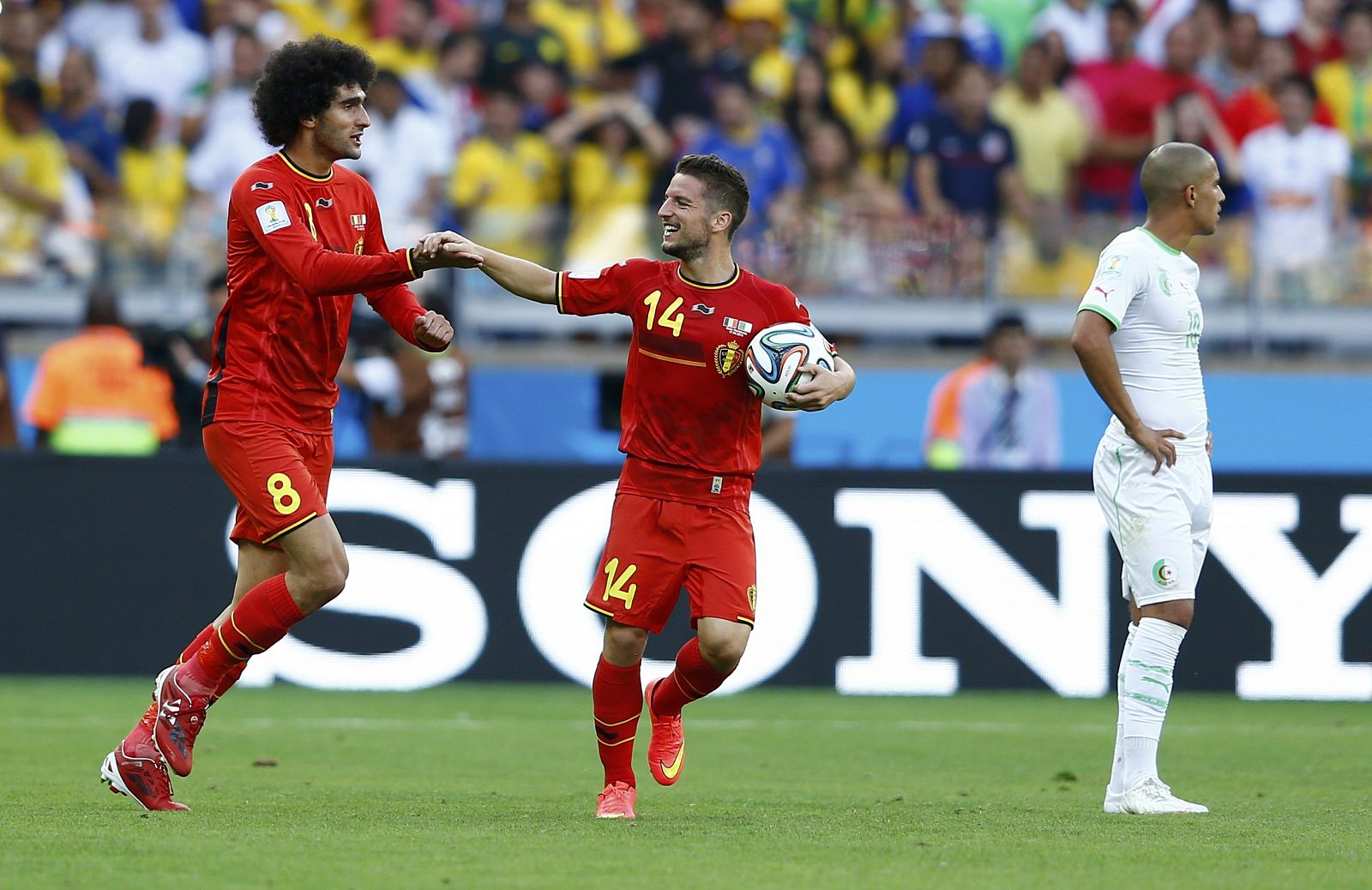 Fellaini y Mertens, los goleadores de Bélgica, celebran ante un desolado Feghouli, autor del gol de Argelia