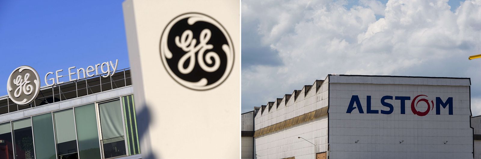 El logo de General Electric, junto a una nave industrial de Alstom