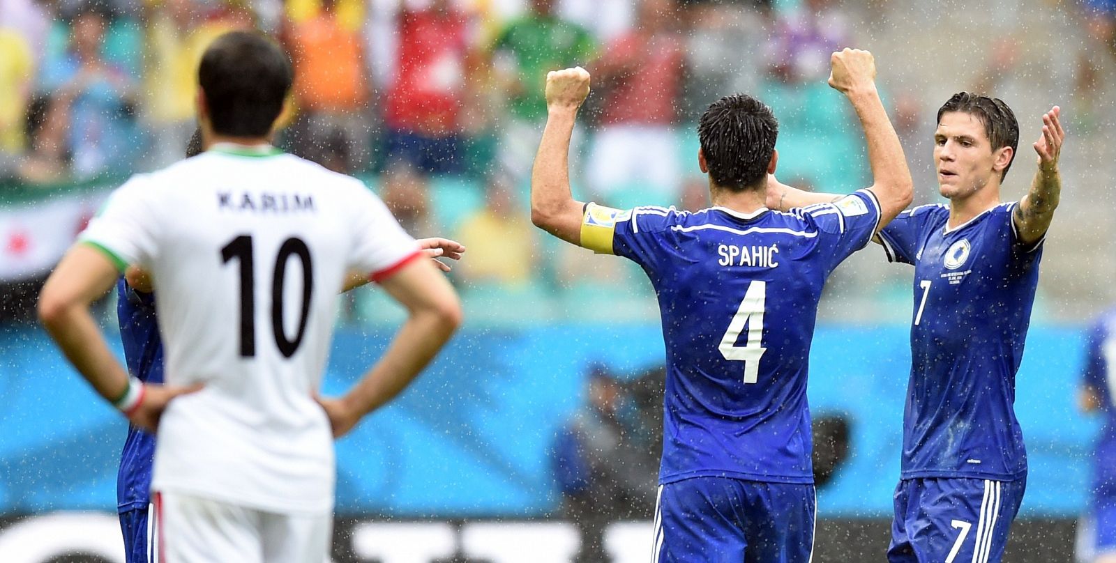 Los bosnios celebran uno de los tres goles anotados a Irán.