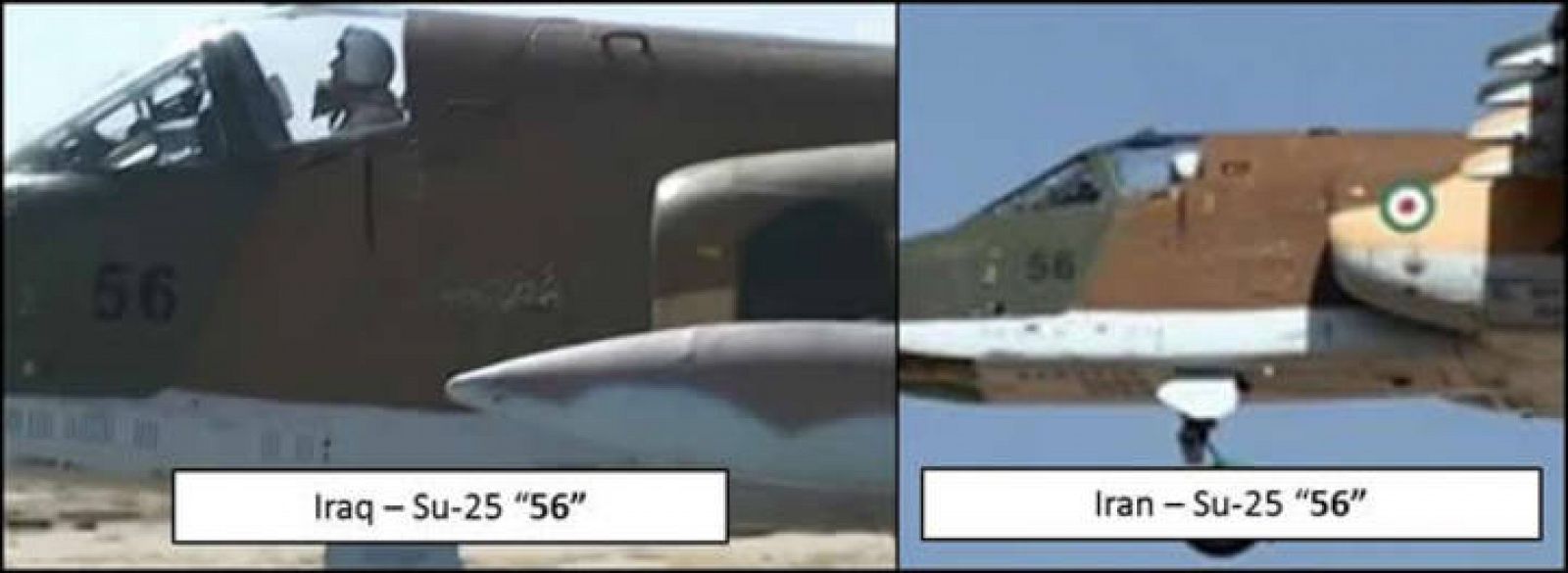 Montaje con dos imágenes de un cazabombardero Su-25 iraní supuestamente entregado a Irak.