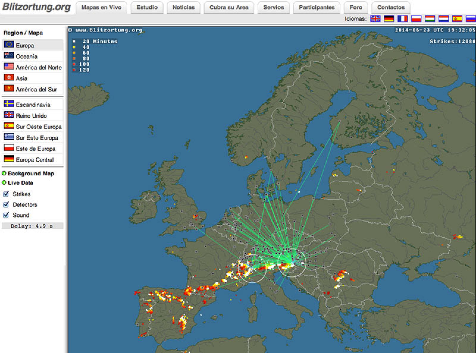 Mapa en tiempo real con la caída de rayos.