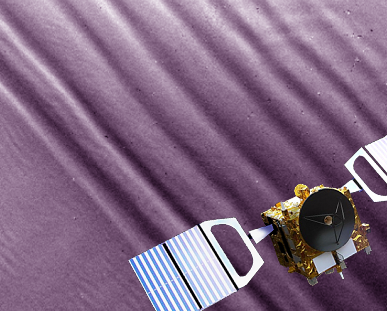 La sonda Venus Express, sobre una imagen real de las ondas atmosféricas de Venus