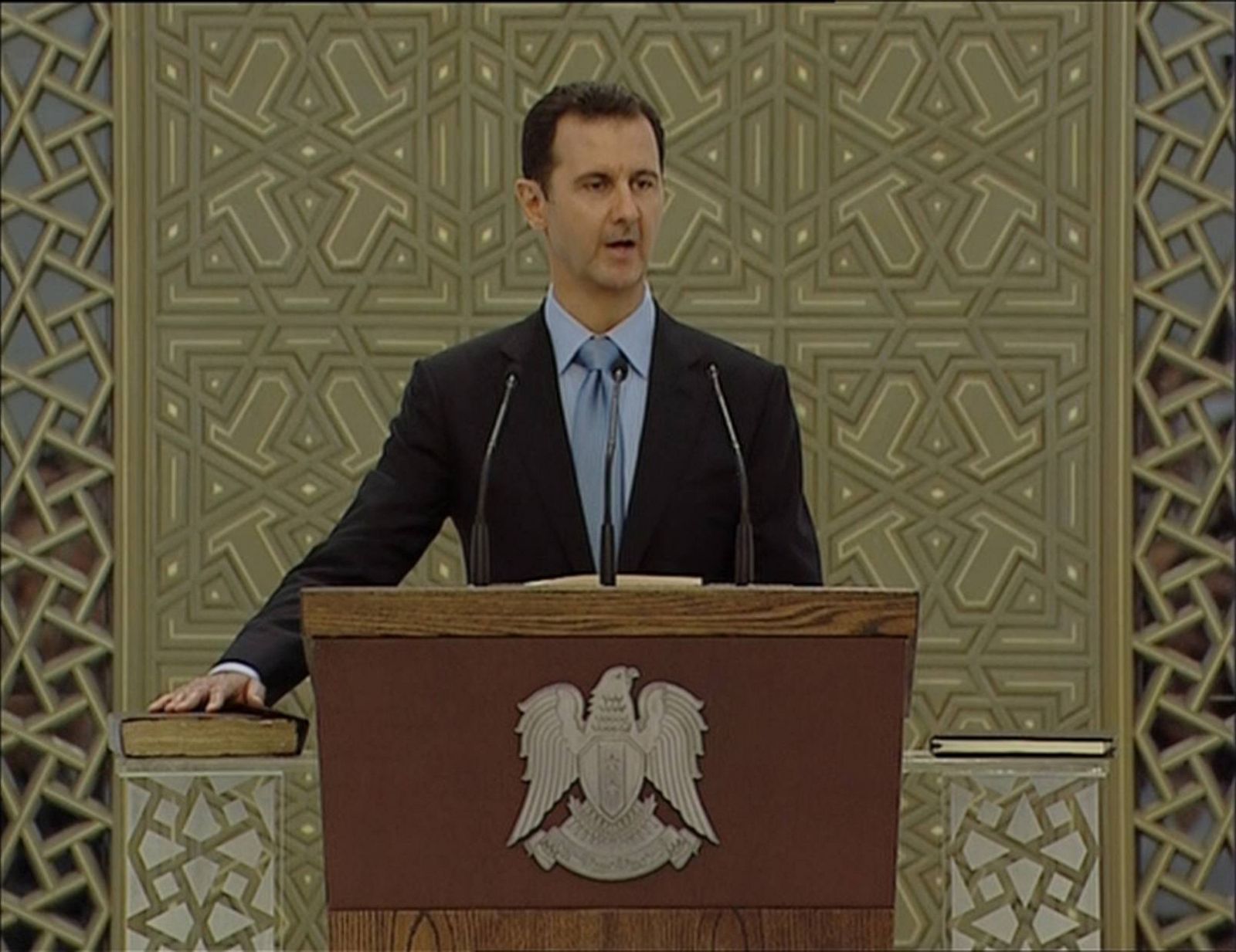 Still image from video shows Syria's President Bashar al-Assad speaking as he is sworn in for a new seven-year term at the presidential palace in Damascus