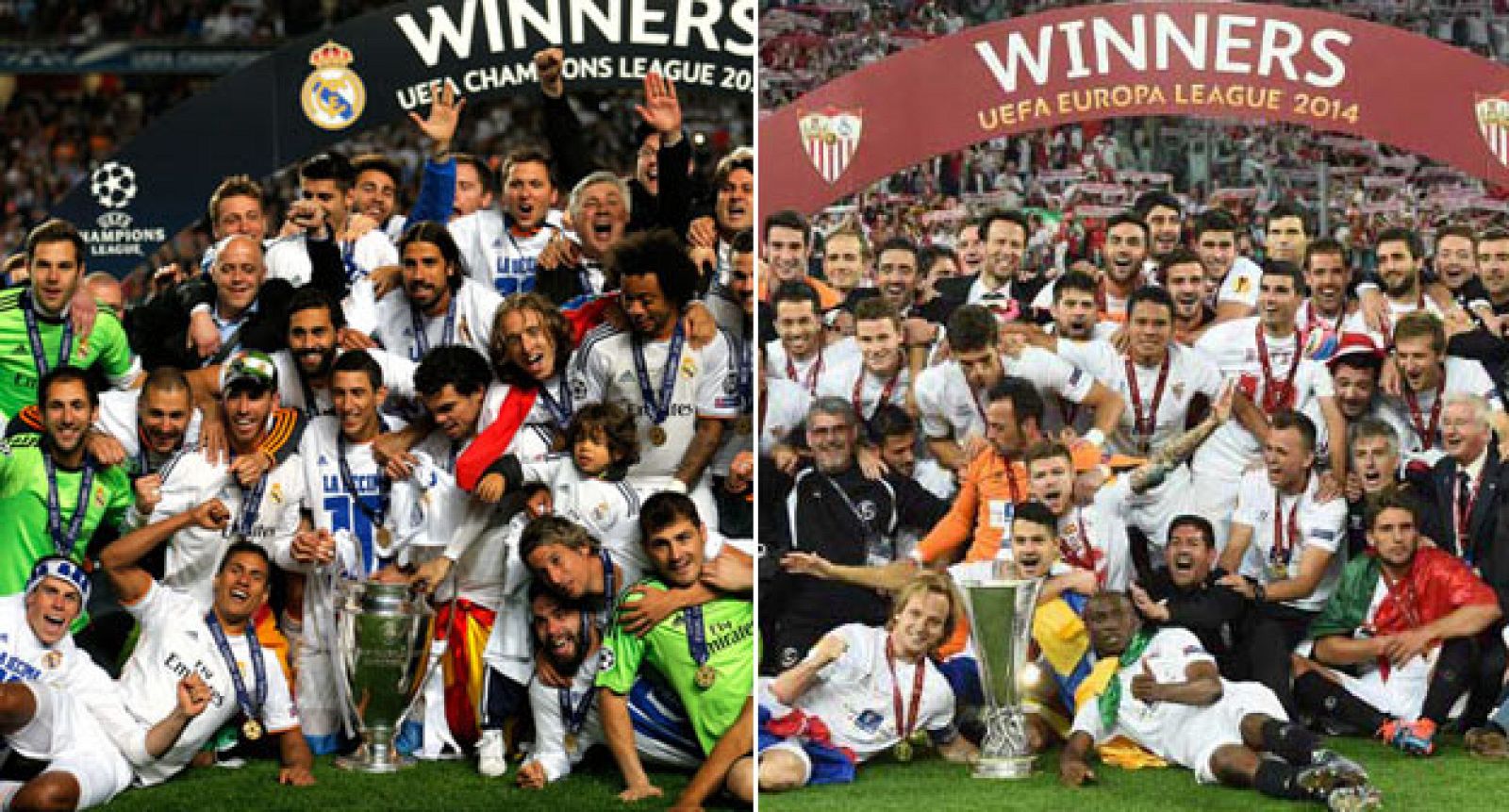 Los jugadores del Real Madrid festejando la Champions League (i) y los futbolistas del Sevilla celebrando la UEFA Europa League (d).