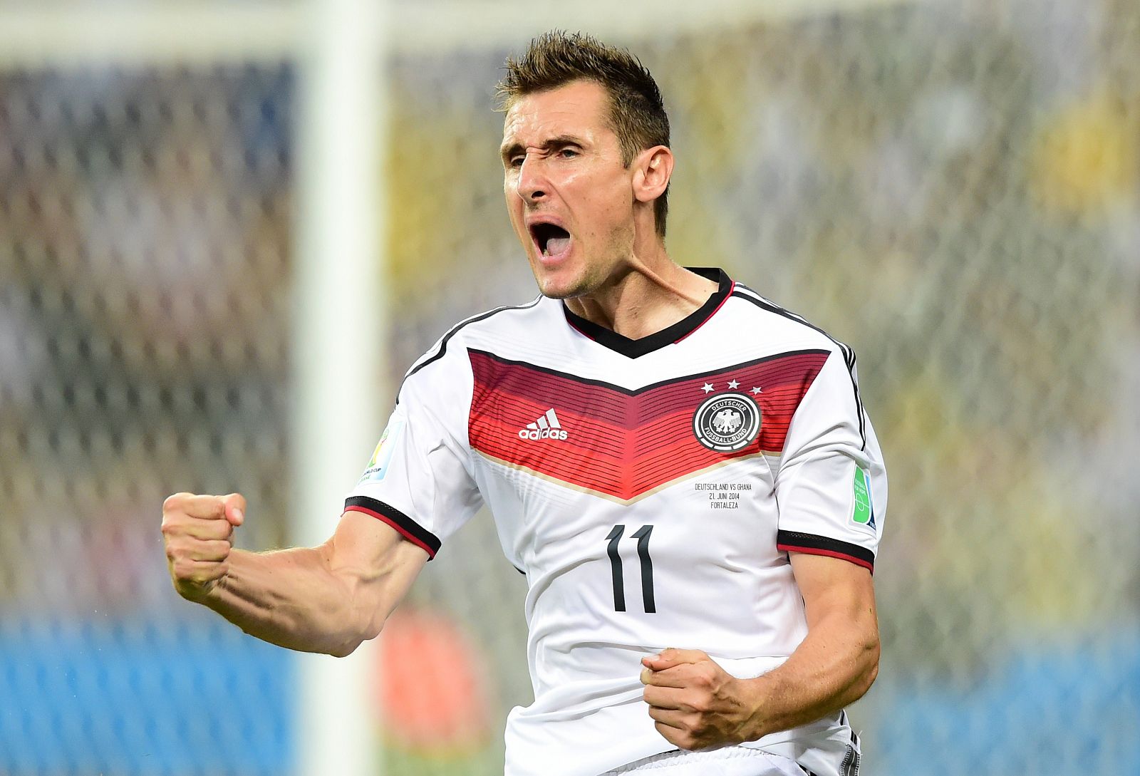 El delantero alemán, Miroslav Klose, celebrando un gol anotado en el Mundial de Brasil 2014.