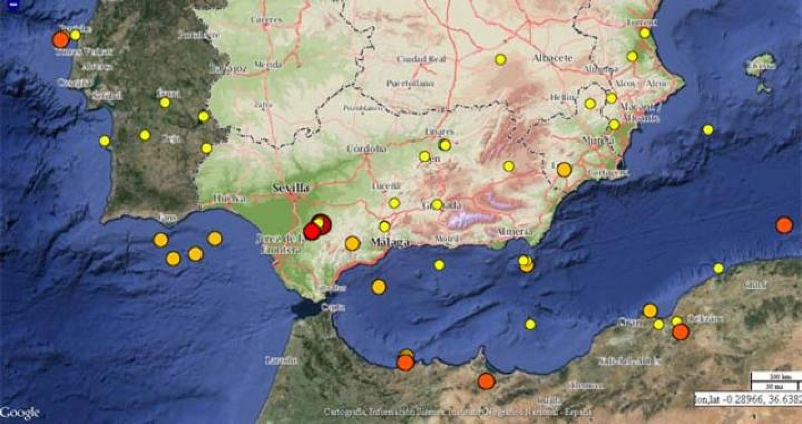 Detalle del mapa de visualización de terremotos del Instituto Geográfico Nacional, con el seísmo registrado en Montellano (Sevilla).