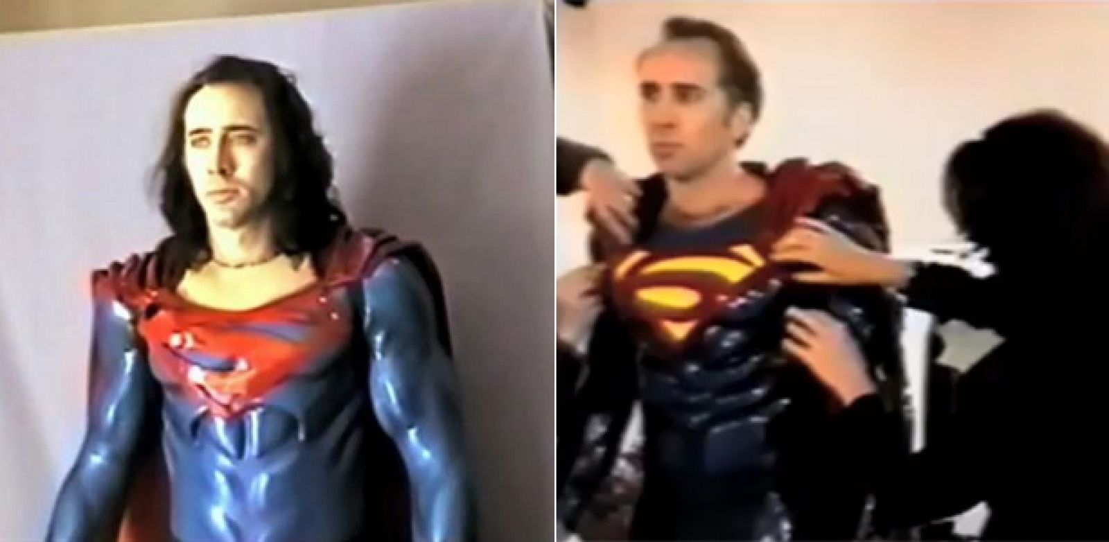 Dos imágenes de 'The Death of Superman Lives', con Nicolas Cage probándose dos versiones del traje