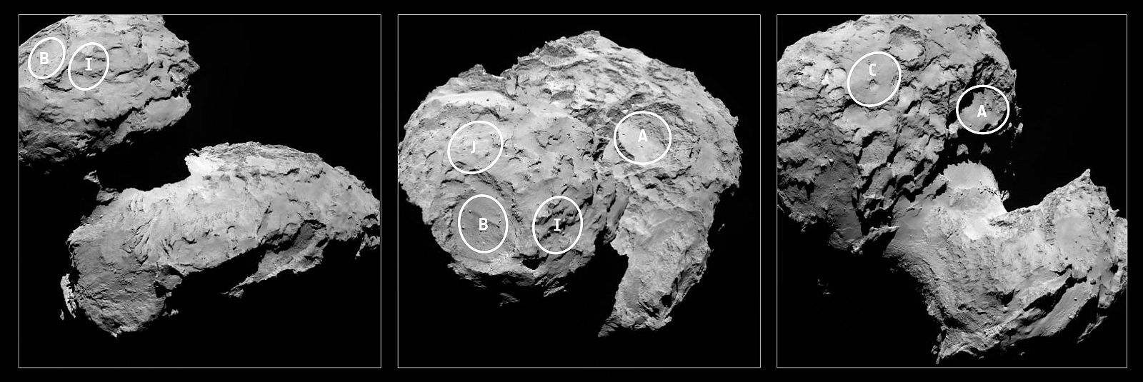 Los cinco lugares preseleccionados para que aterrice la sonda Rosetta en el cometa